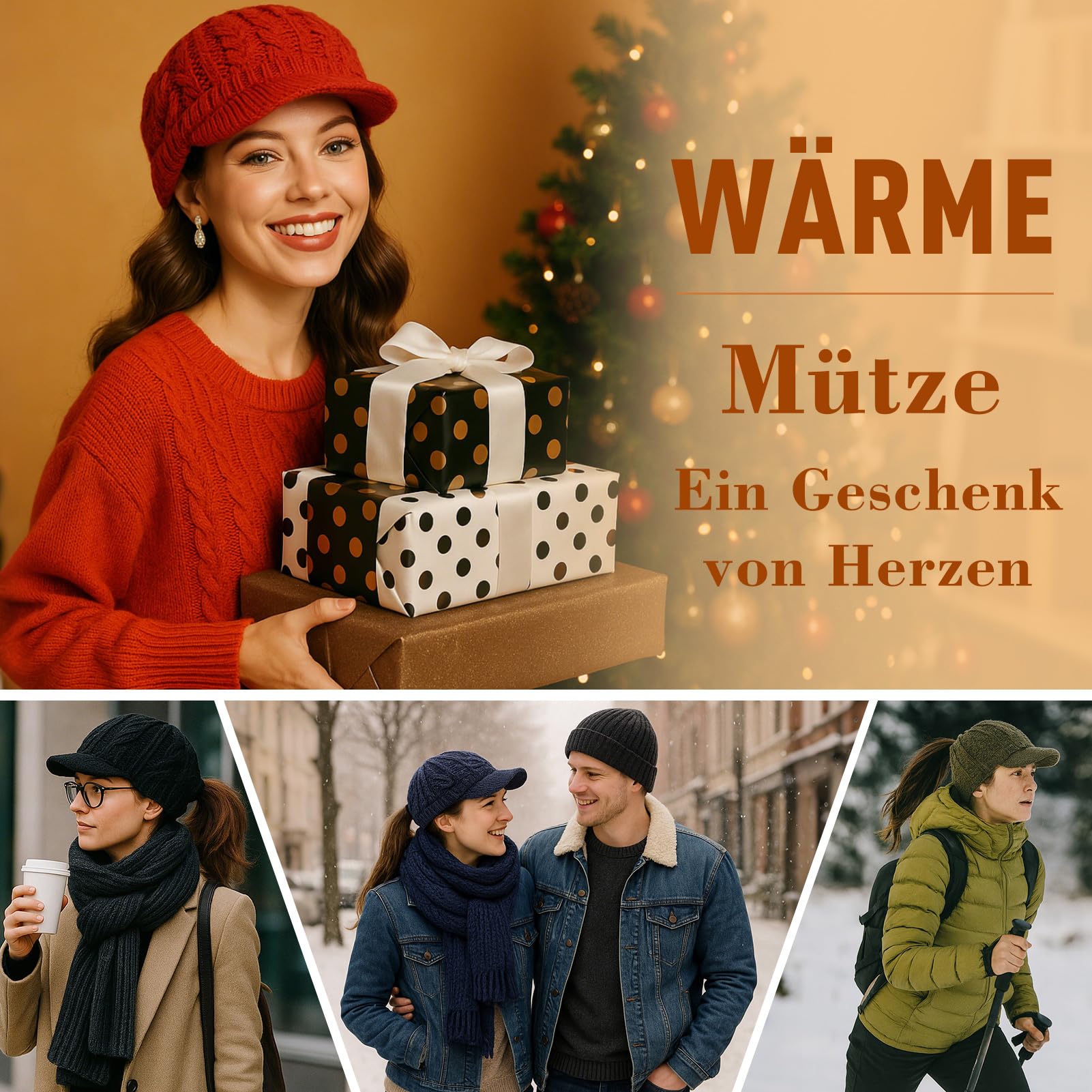 TOP-EX ChicPony Bonnet d'hiver en laine mérinos avec visière, 3 ouvertures tressées, doublure polaire, chaud et coupe-vent pour femme