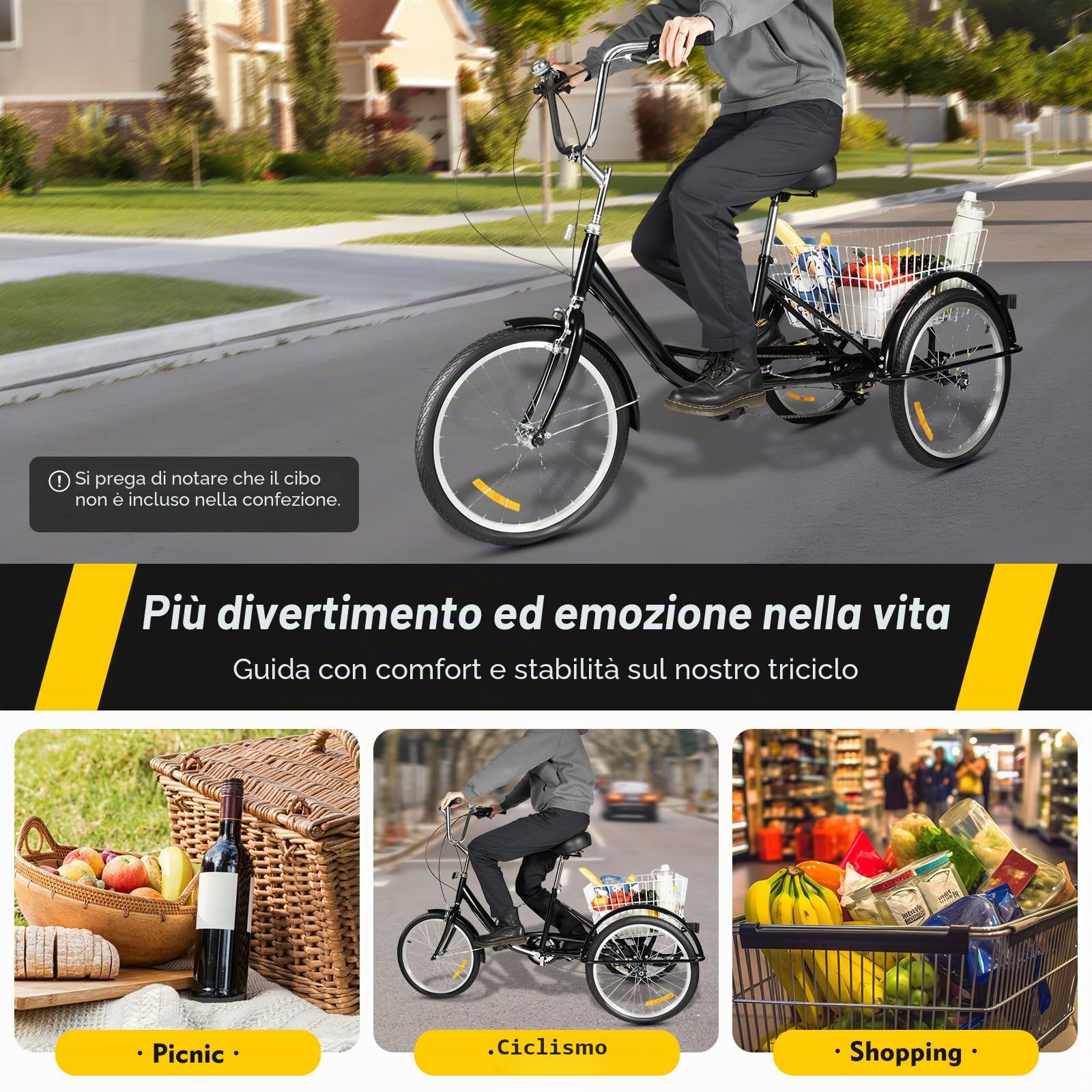 Triciclo per adulti a 8 marce, 20 pollici, con 3 ruote e grande cestino, di alta qualità, nero e bianco, adatto per shopping, viaggi, turismo