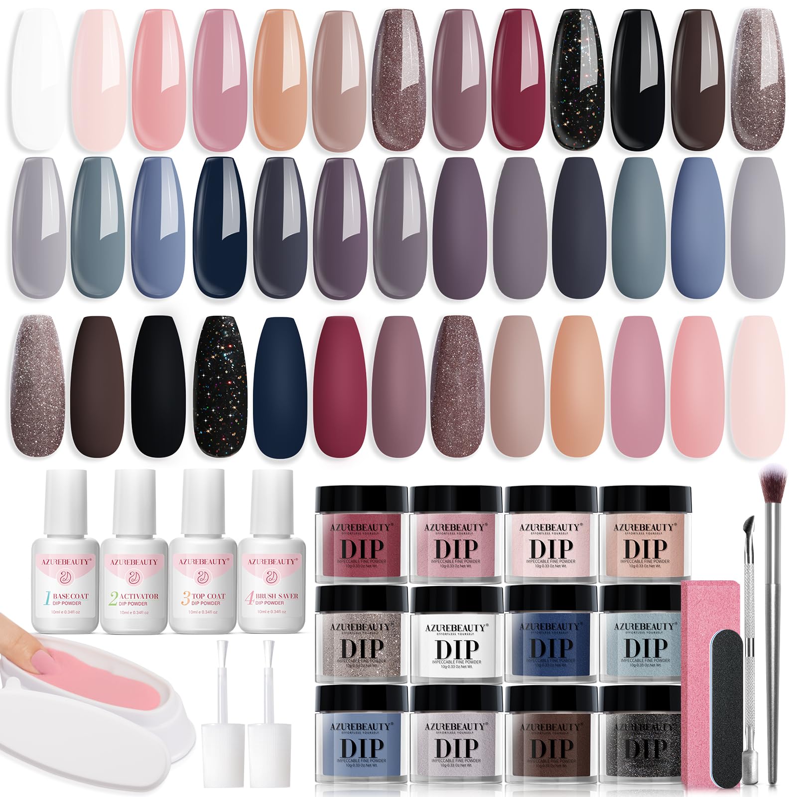 AZUREBEAUTY 31 Pcs Dip Powder Nail Kit Starter All Season 20 Colors Glitter Nude Gray Acrylic Nail Dip Powder System Essential Liquid Set for French