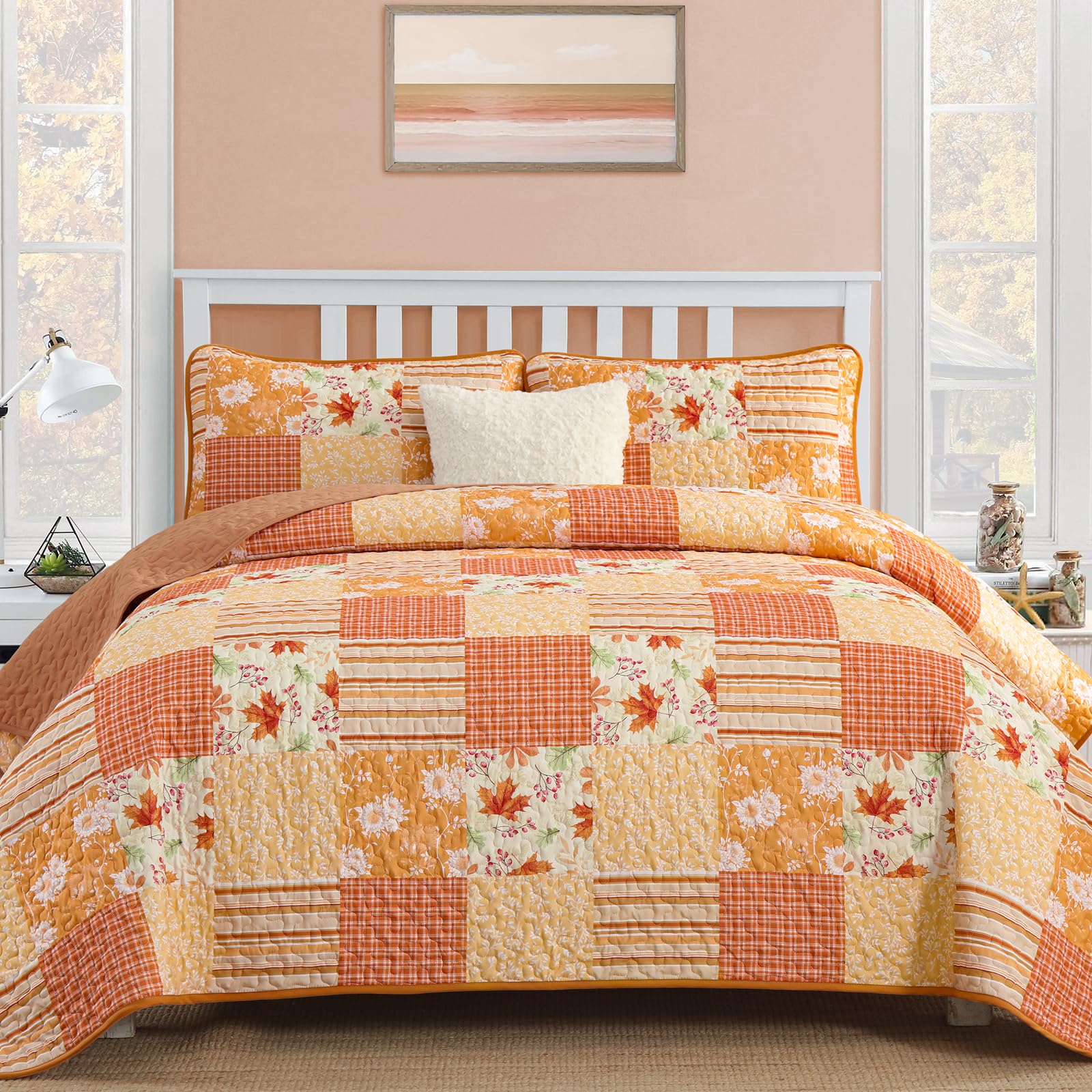Mybedsoul Orange Boho Quilts Queen Size, Patchwork Floral Fall Bedding Set