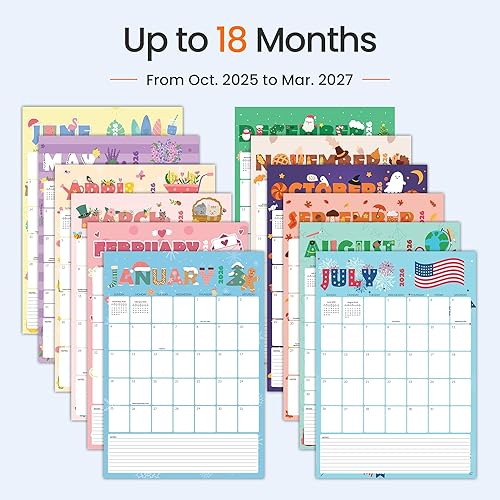 Vista 4 de SUNEE Calendario 2026 de pared de 18 meses, octubre de 2025 a marzo de 2027, calendario colgante grande de 12 x 17 pulgadas 2026 con notas, mes CUTE