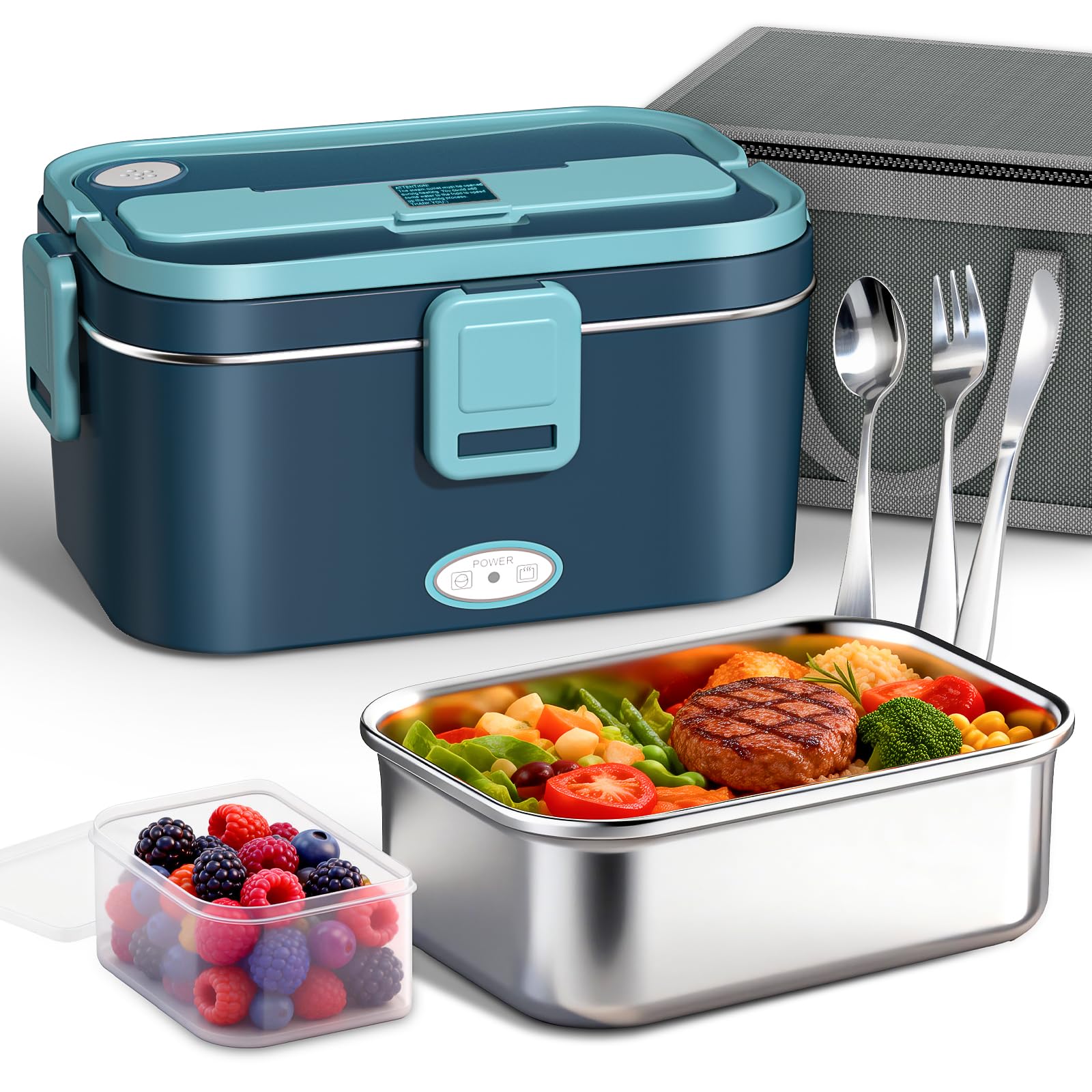 Anykuu Elektrische Lunchbox 100W 1,8L große Kapazität Lunchbox elektrisch 3-in-1 12V/24V/220V Wärmebox für Büro, Auto, LKW, Zuhause & Reisen inkl. Edelstahl Besteck Gabel, Messer & Löffel