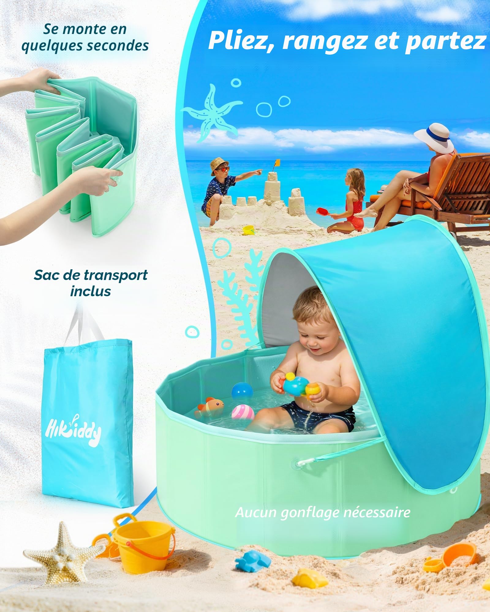 Hikiddy Piscine pour enfants pliable avec auvent : piscine bébé de 80 cm (Bleu & Menthe, 80 cm)