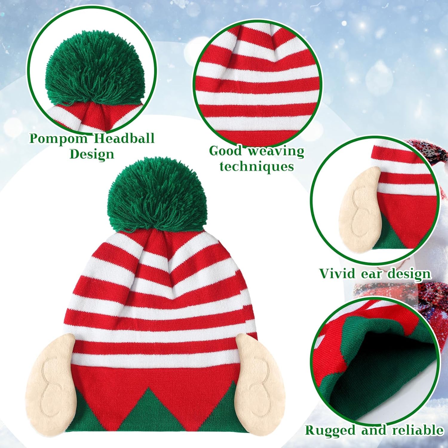 6 Pcs Christmas Elf Hat Xmas Beanie for Women Christmas Hat with Ears for Green and Red Beanie xmas Holiday Costume Accessory - Image 3