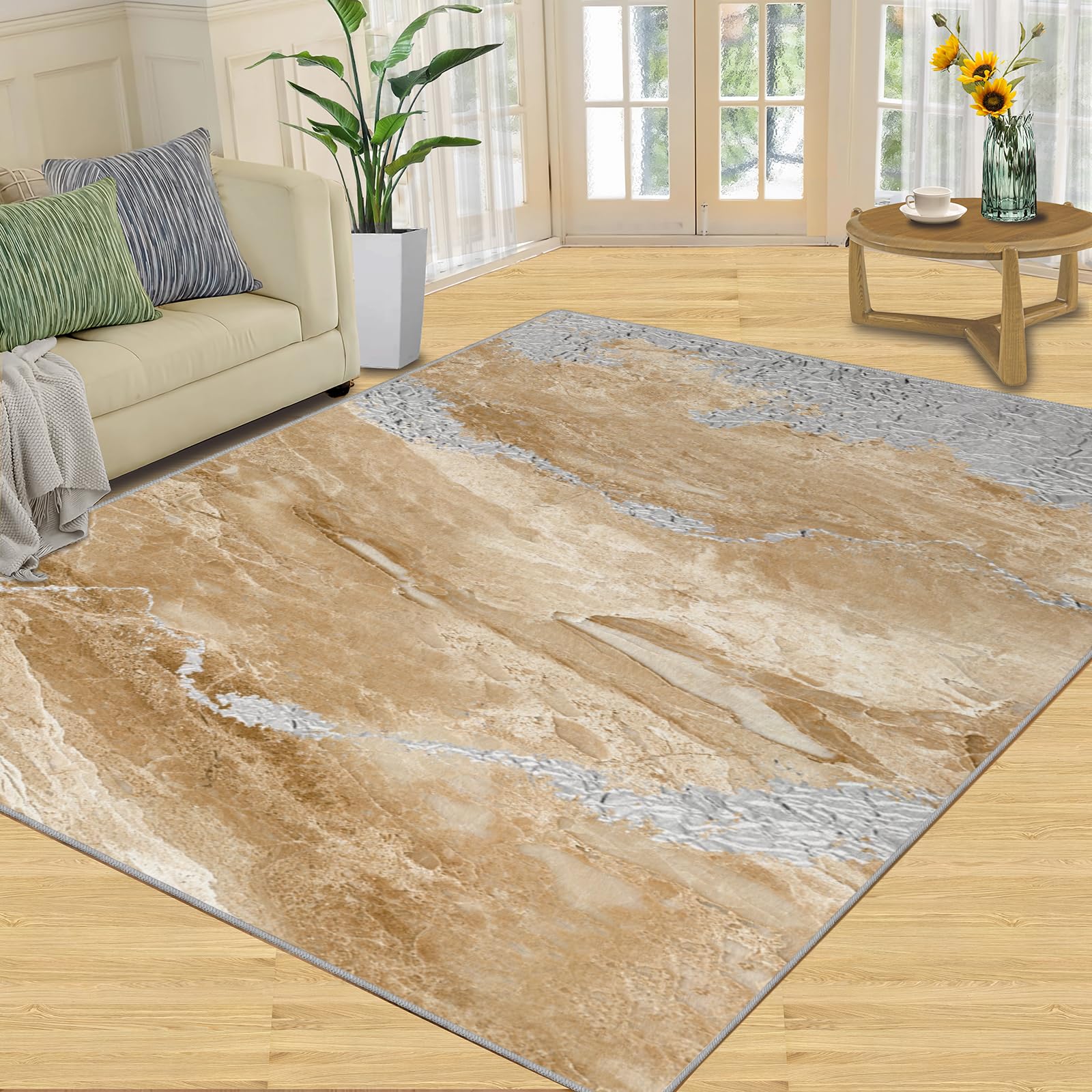 Tapis abstrait marbré beige et or 180x240cm lavable pour salon