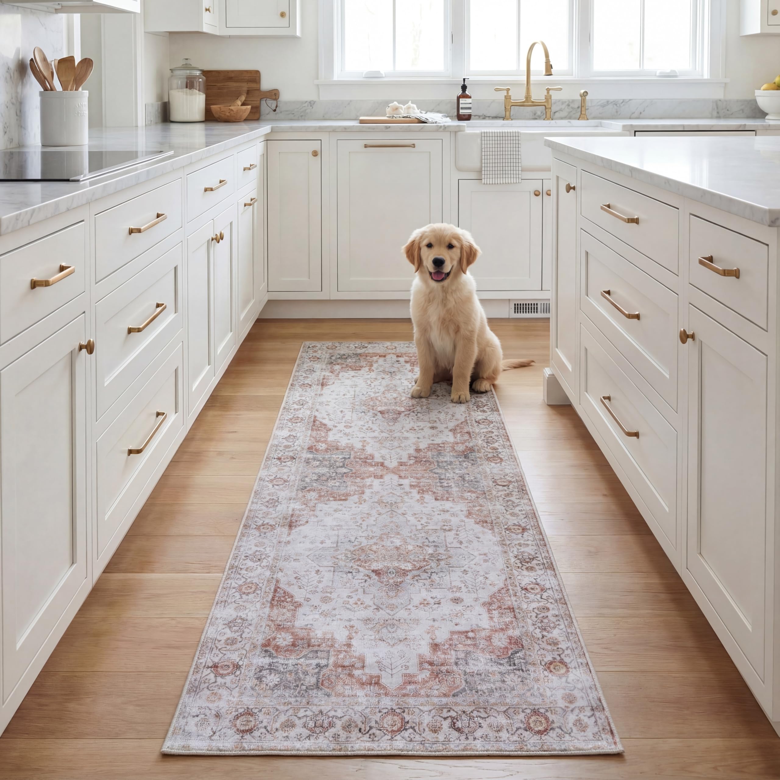 Safavieh Traditional Rug Ideal for High Traffic Areas - Machine Washable and Non Slip - Tucson Collection, Short Pile, in Light Grey and Rust, 244 x 244 cm