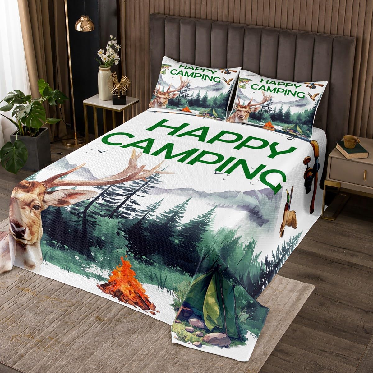 Erosebridal Happy Camping Twin Bedding Set,Kids Camper Quilt Set for RV Trailer Decor,Mallard Duck Cabin Deer Quilts Bed Set Fishing and Hunting Bedspread Set,1 Pillowsham
