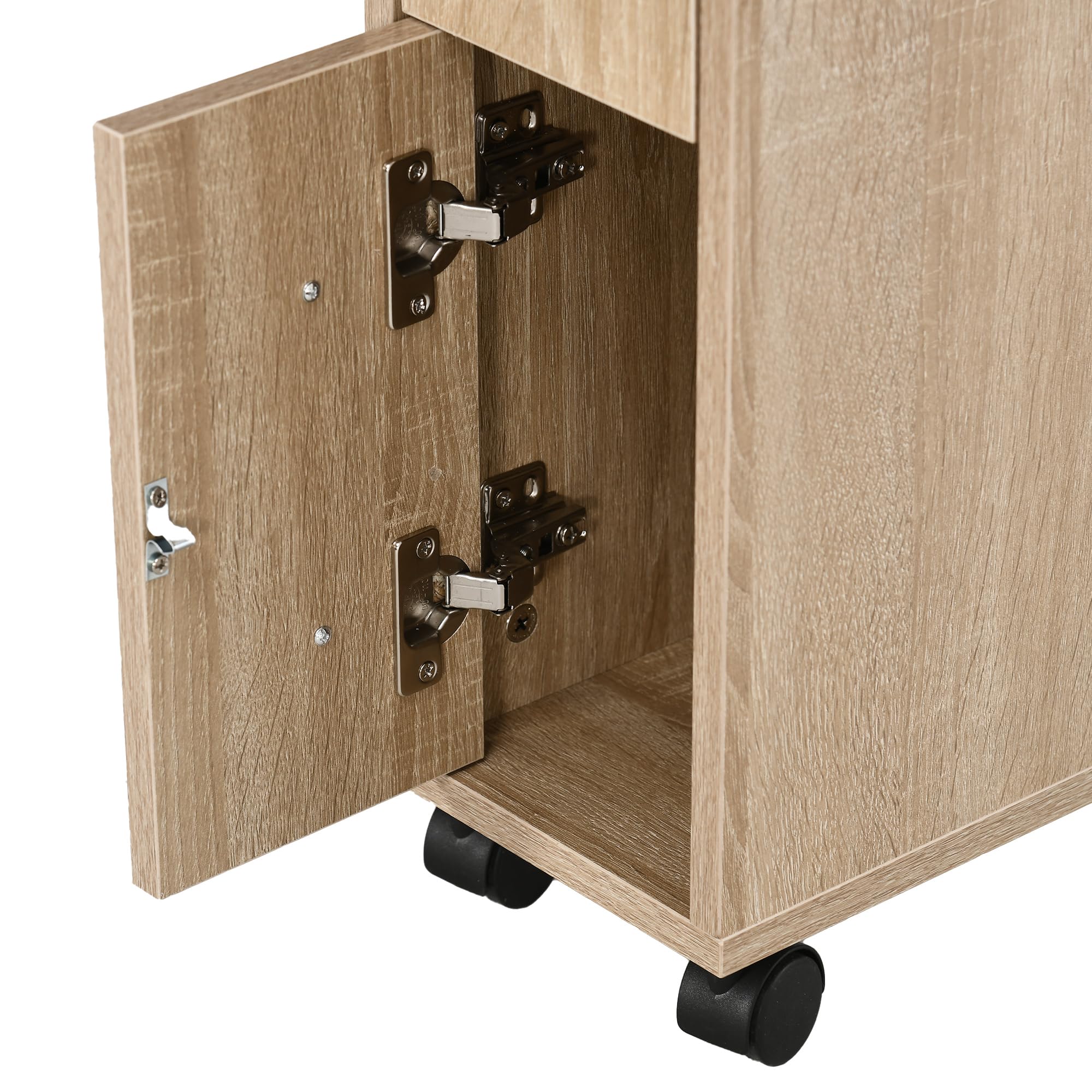 kleankin Armario de Baño con 4 Ruedas Mueble Auxiliar para Baño con Estante Abierto Puerta y Cajón para Espacio Reducido 18x30x68,5 cm Roble