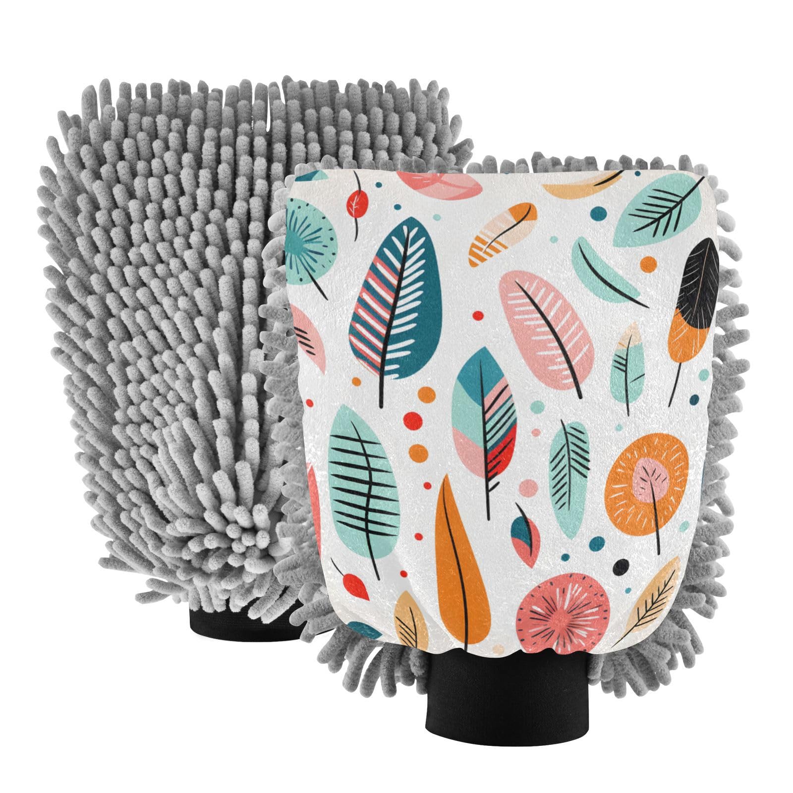 IOACIY Absorbent Microfiber Car Wash Drying Mitts, 2 Pack, Scratch-Free & Lint-Free, Rich Foam, Highly Absorbent, Double Sided, Wash Mitt Perfect for Car Washing, M, Cute Illustration Feather
