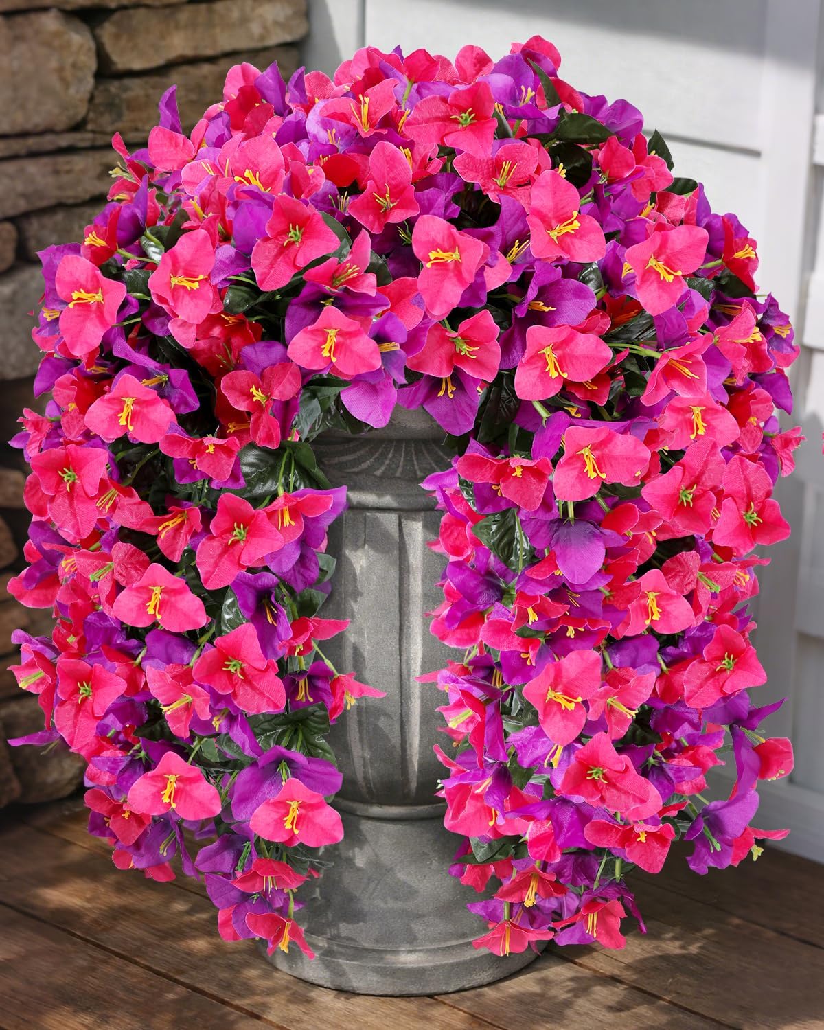 Artificial Flowers for Outdoors – 4 Bundles of UV-Resistant Artificial Bougainvillea, Realistic Silk Flowers for Front Porch, Patio, Garden, Window Boxes & Hanging Baskets (Purple& Hot Pink, 4)
