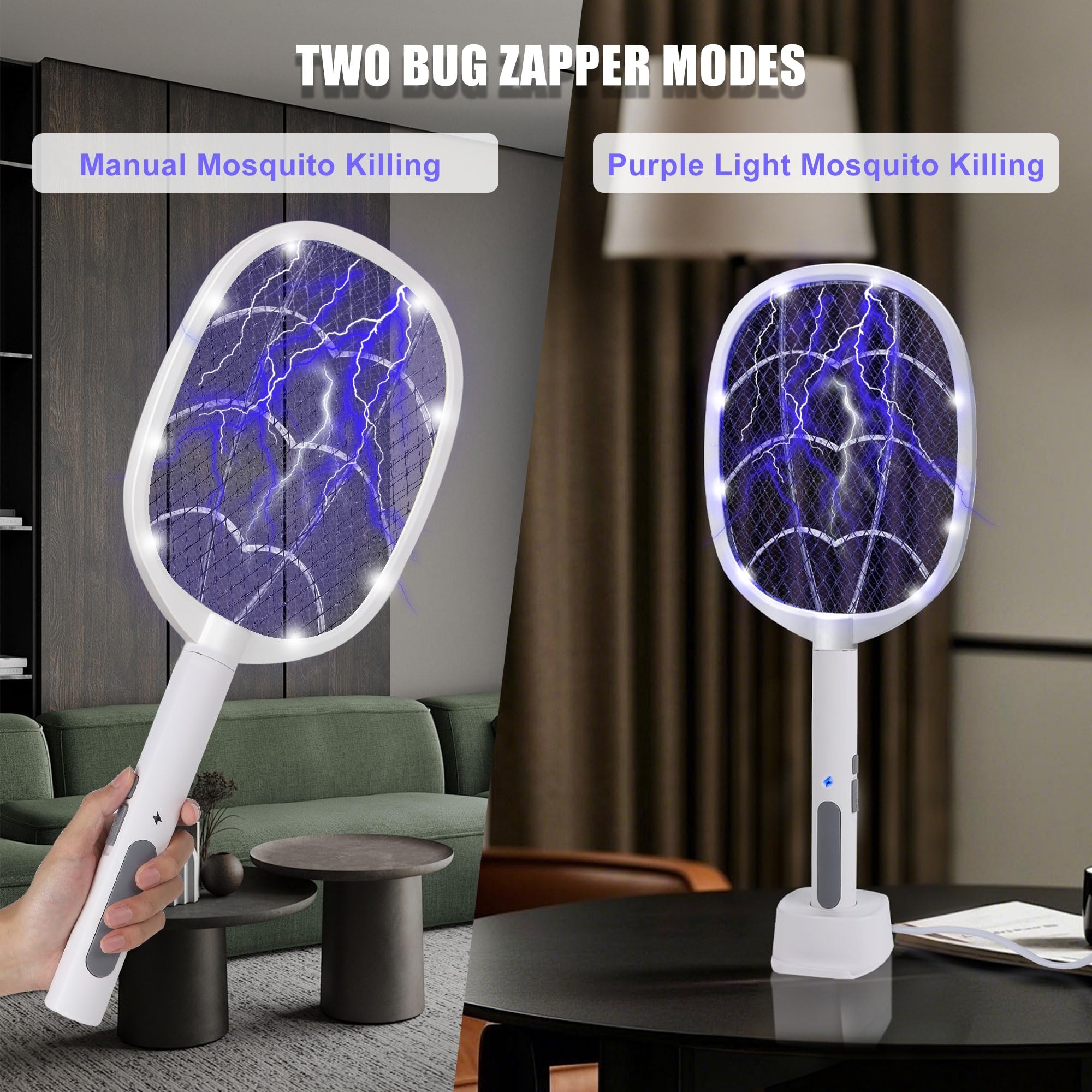 Phosooy 3 confezioni di racchette elettriche 2 in 1 con presa a mano e ad alta tensione da 3000 V, trappola per insetti con rete di sicurezza a 3 strati, portatile, per uso interno ed esterno