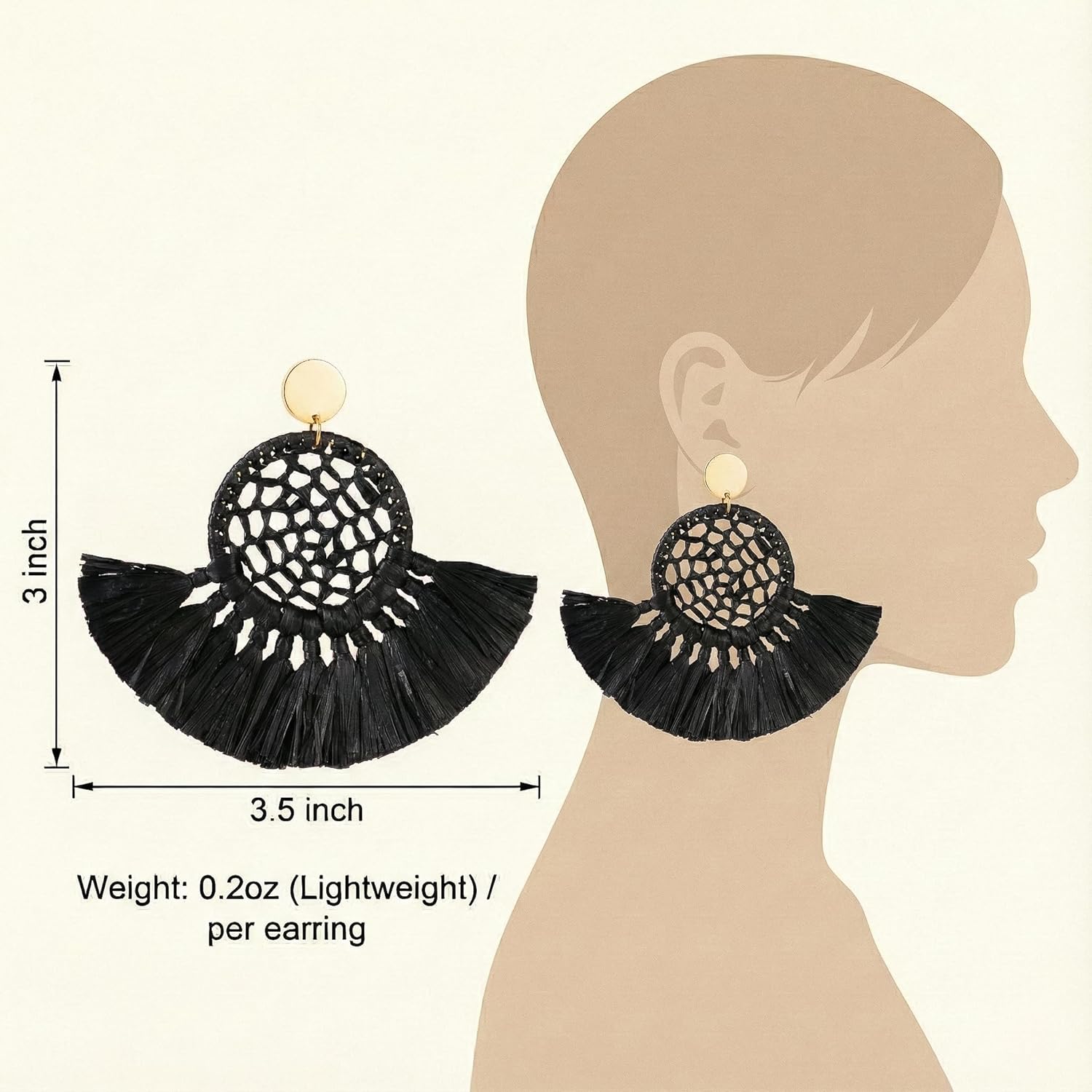 Viva Joya Boho Raffia Summer Beach Earrings for Women, Large Statement Dangle Drop, Lightweight Handmade Woven Fan Tassel Jewelry - Image 7