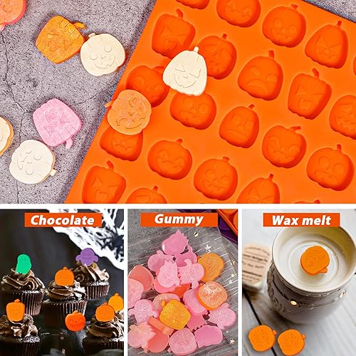 Miniatura 7 de Webake Molde de silicona de calabaza con forma de linterna Jack-O-Lantern, 70 cavidades mini molde de calabaza de Halloween para chocolate, dulces,