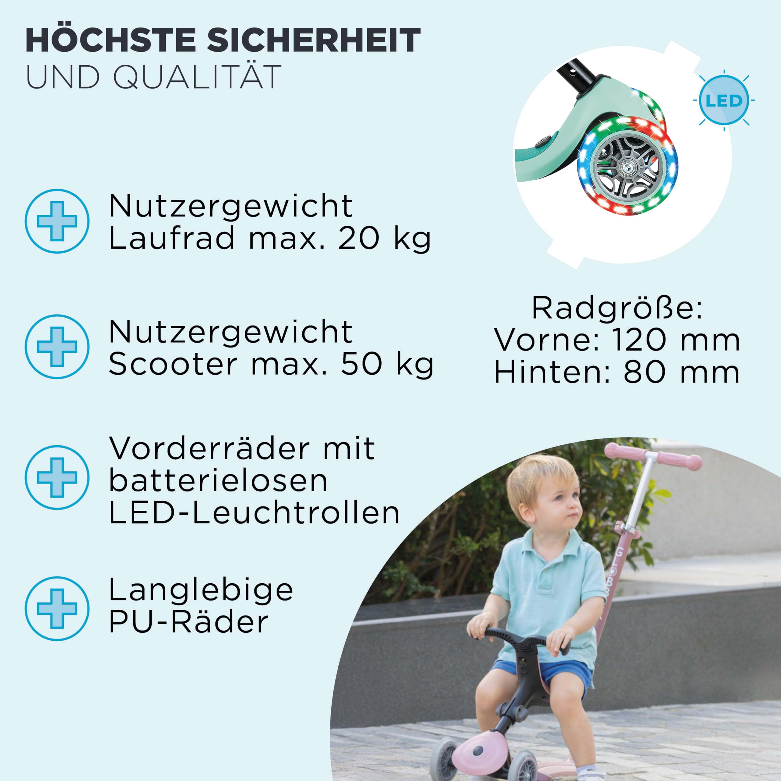 Globber Go Up Active Beleuchtung, 360 Grad, Evolutionärer Roller mit Sitz und Lichtern für Kleinkinder ab 15 Monaten