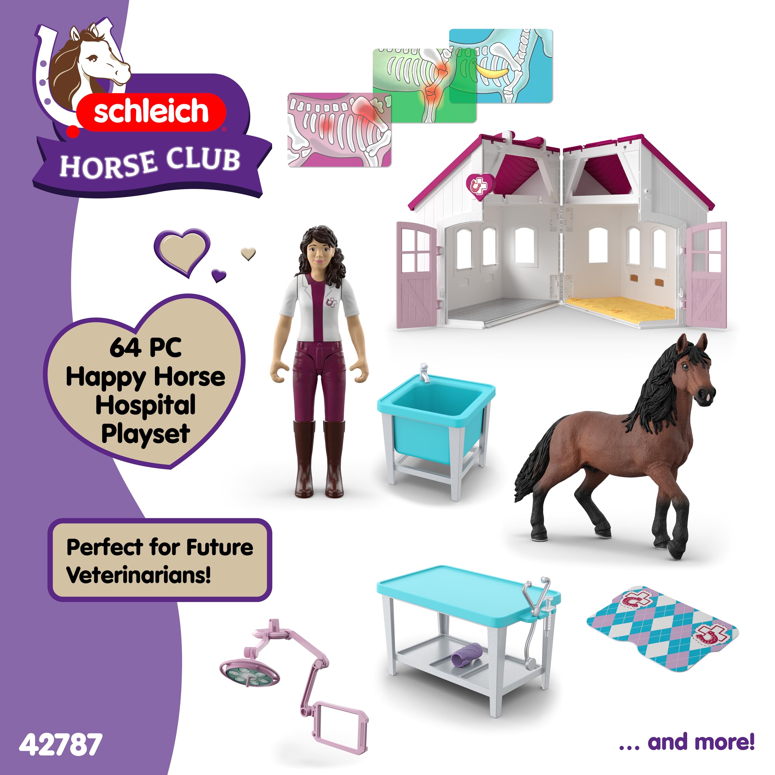schleich HORSE CLUB | Klinika dla koni „Zdrowe kopyta” 42787 | Zestaw z boksem, rentgenem, ruchomą weterynarką i akcesoriami | Zabawka i prezent dla dzieci od 4 lat | 64 elementy