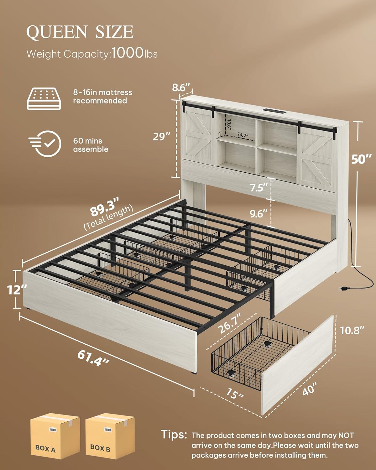 DWVO Farmhouse Queen Size Bed Frame with Storage Bookcase Headboard, Sliding Barn Door, 4 Storage Drawers, RGB LED Bed Frame with USB Charging Station, No Box Spring Needed, Antique White