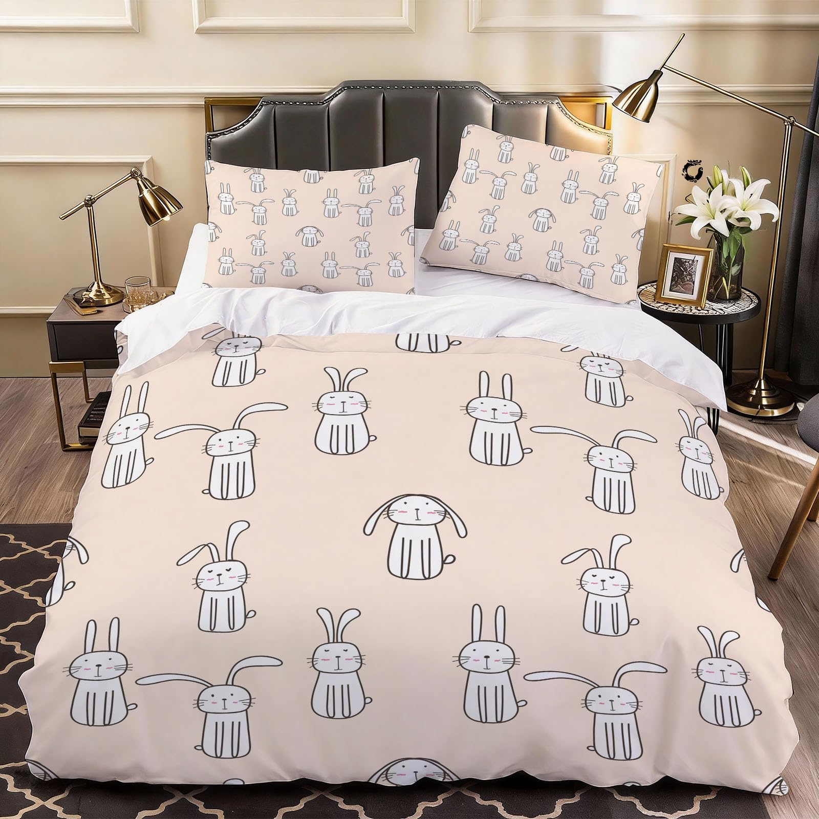 3D Snowy Rabbit Duvet Cover Child Bedding Double Bed Set, Soft Microfiber Comforter Cover Printed with Zipper Closure Quilt Coverr 200x200 cm and 2 Pillowcases
