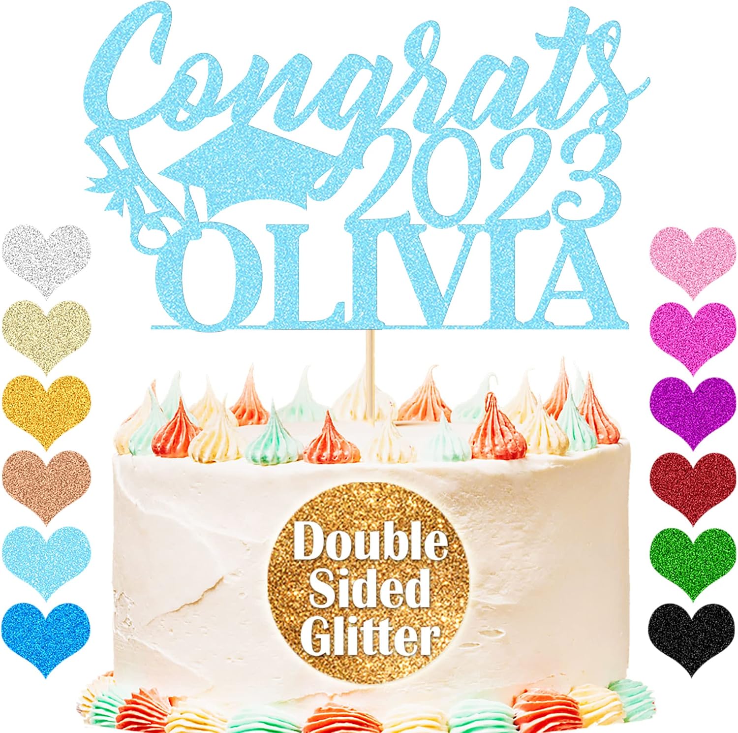 Personalized Cake Topper Custom Congrats Graduation Hat Student Class of 2023 Double Sided Glitter Card with Any Name (Baby Blue)