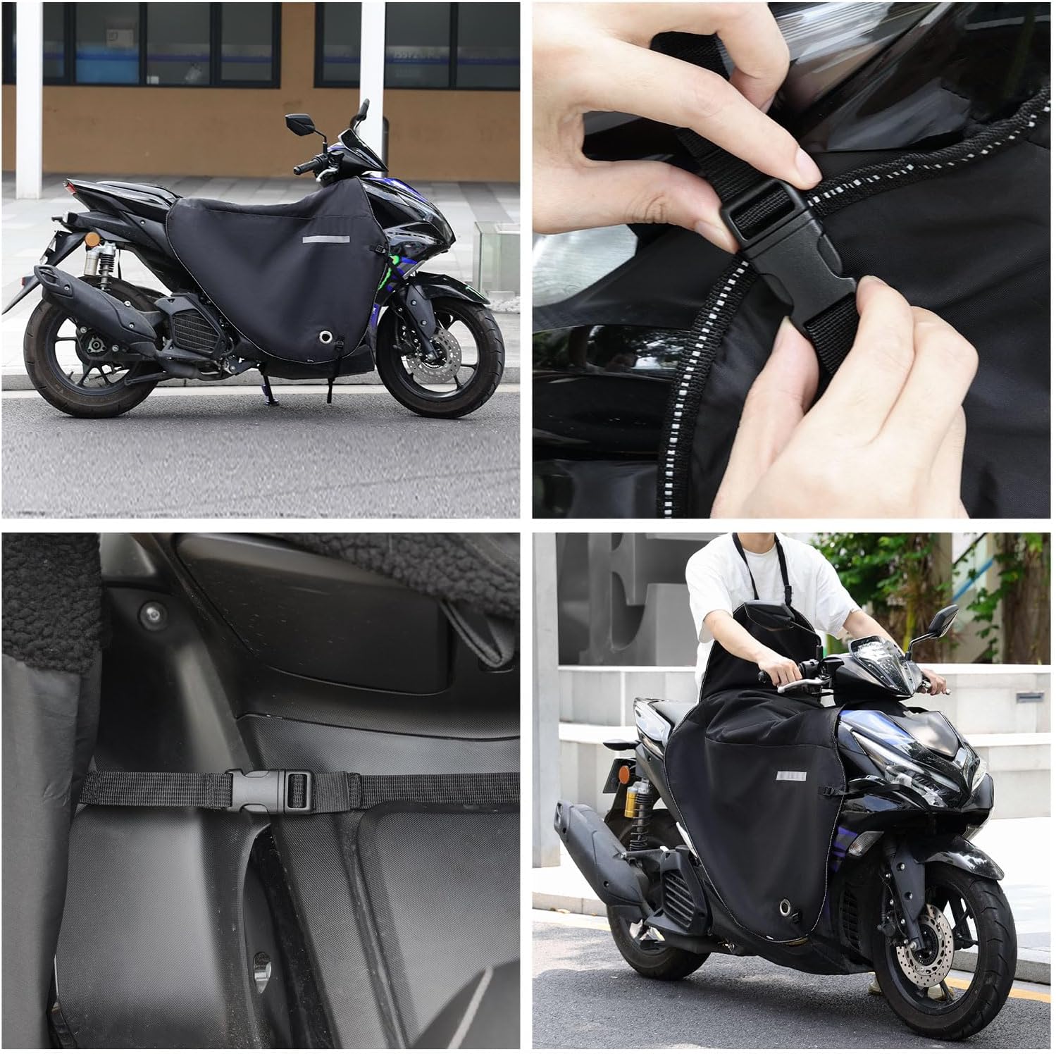 Four-panel image demonstrating the installation process of the KEMIMOTO scooter leg cover, including attaching buckles and a rider using it.