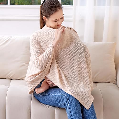 Funda de lactancia de punto para lactancia materna, transpirable y suave, cuello ancho con elástico para una fácil visión (crema)