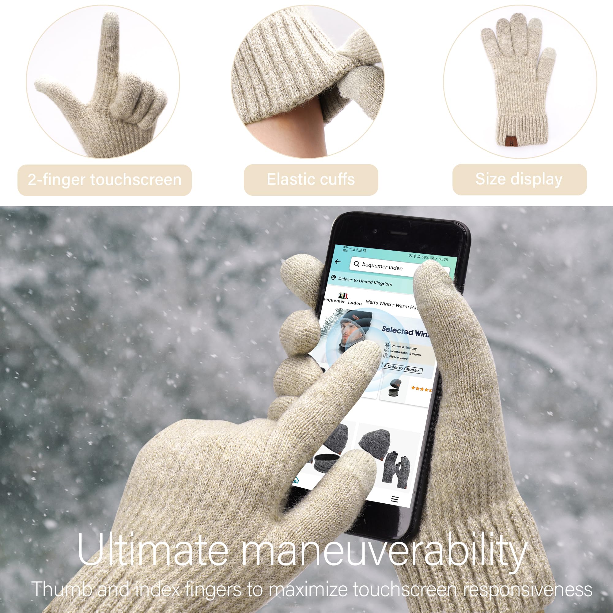 Femmes Hiver Chaud Bonnet Echarpe Thermique Gants Tactiles Ensemble Tricot Slouchy Cache-Cou Cadeau Femme