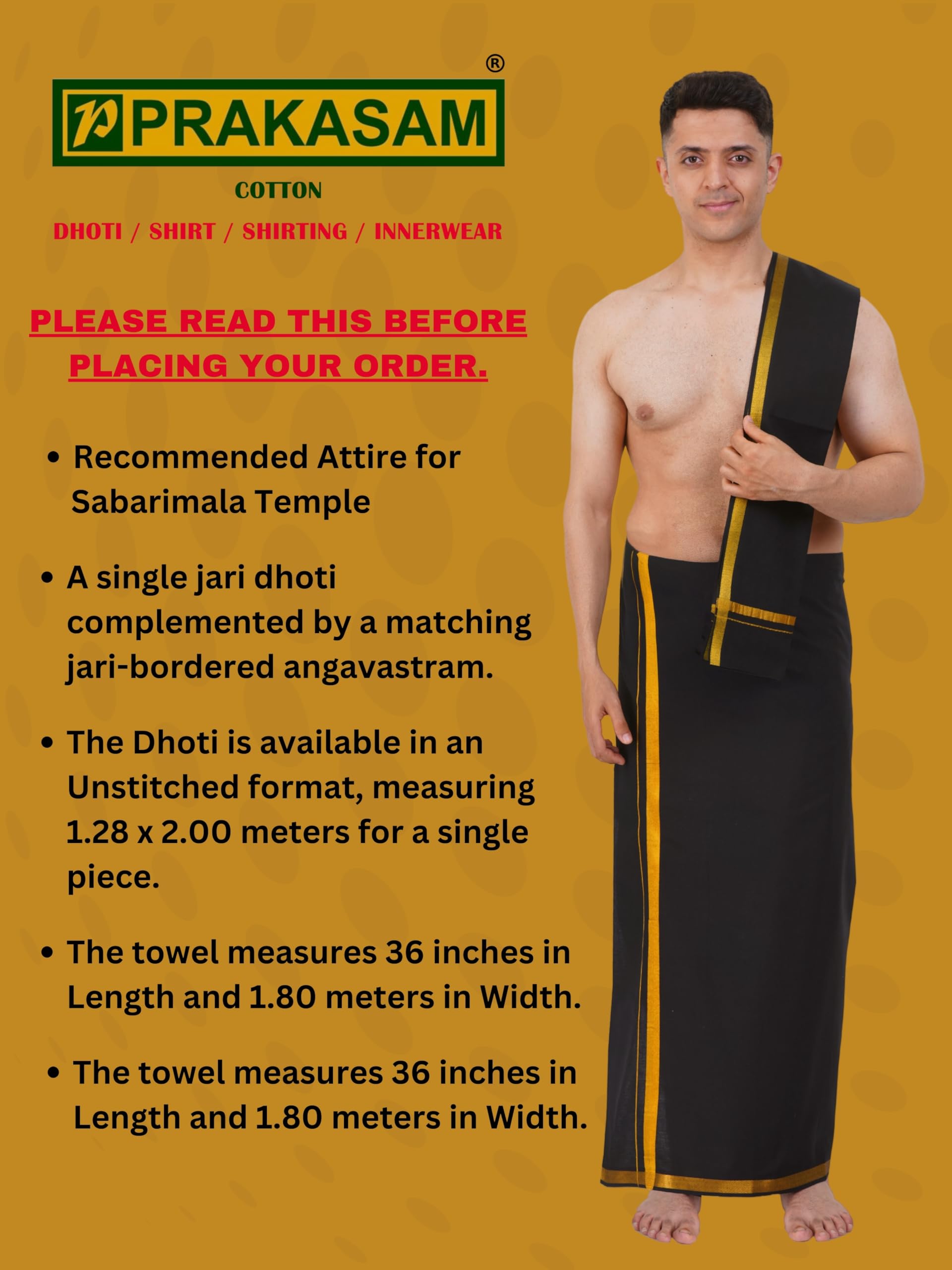 Prakasam Cotton Mens Black Colour Jari Cotton Dhoti And Angavastram Set (1.28X2.00 Meter Dhoti, 36X1.80 Towel)-(Black-003)