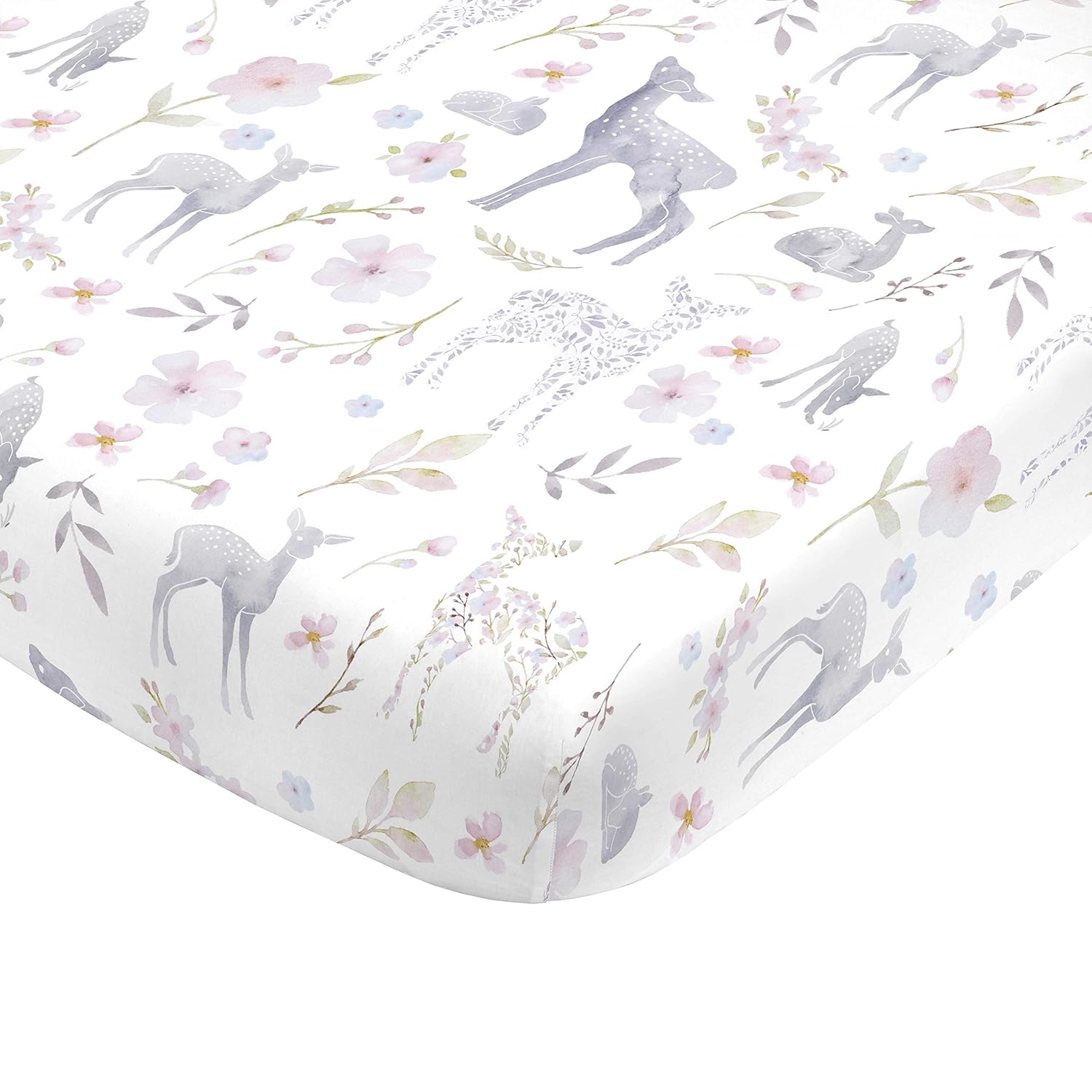 NoJo Super Soft Floral Deer Nursery Mini Crib Fitted Sheet, Grey, Light Blue, Pink, White : Baby