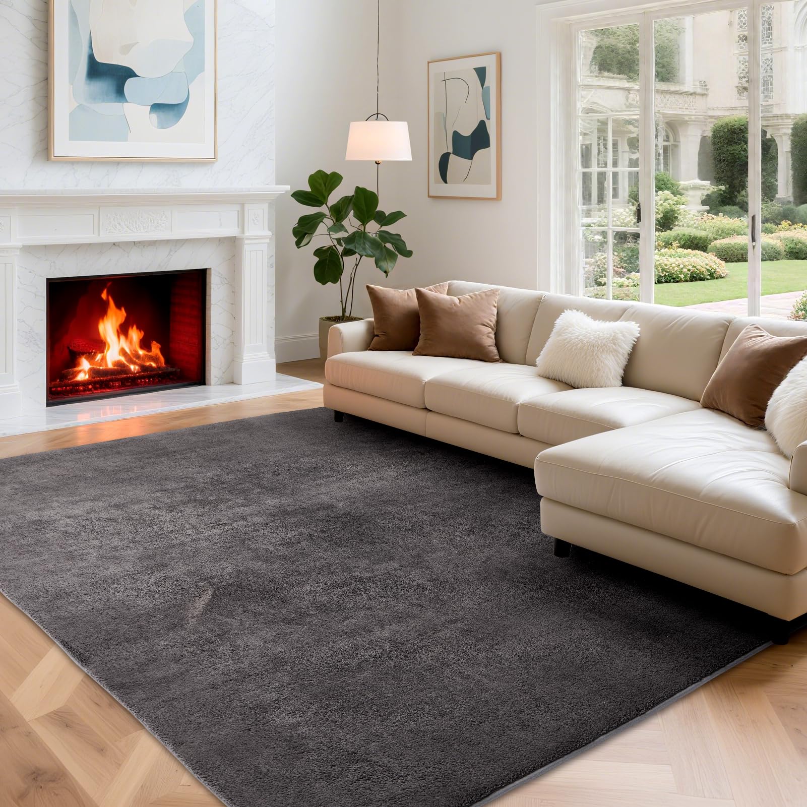 Wohnzimmerteppich, Kurzflor Teppiche Wohnzimmer Deko Flauschiger Weich Waschbarer & Anti-Rutsch Modern Einfarbiges Teppich für Schlafzimmer, Kinderzimmer, Bettvorleger Matte, 240x340cm, Dunkelgrau
