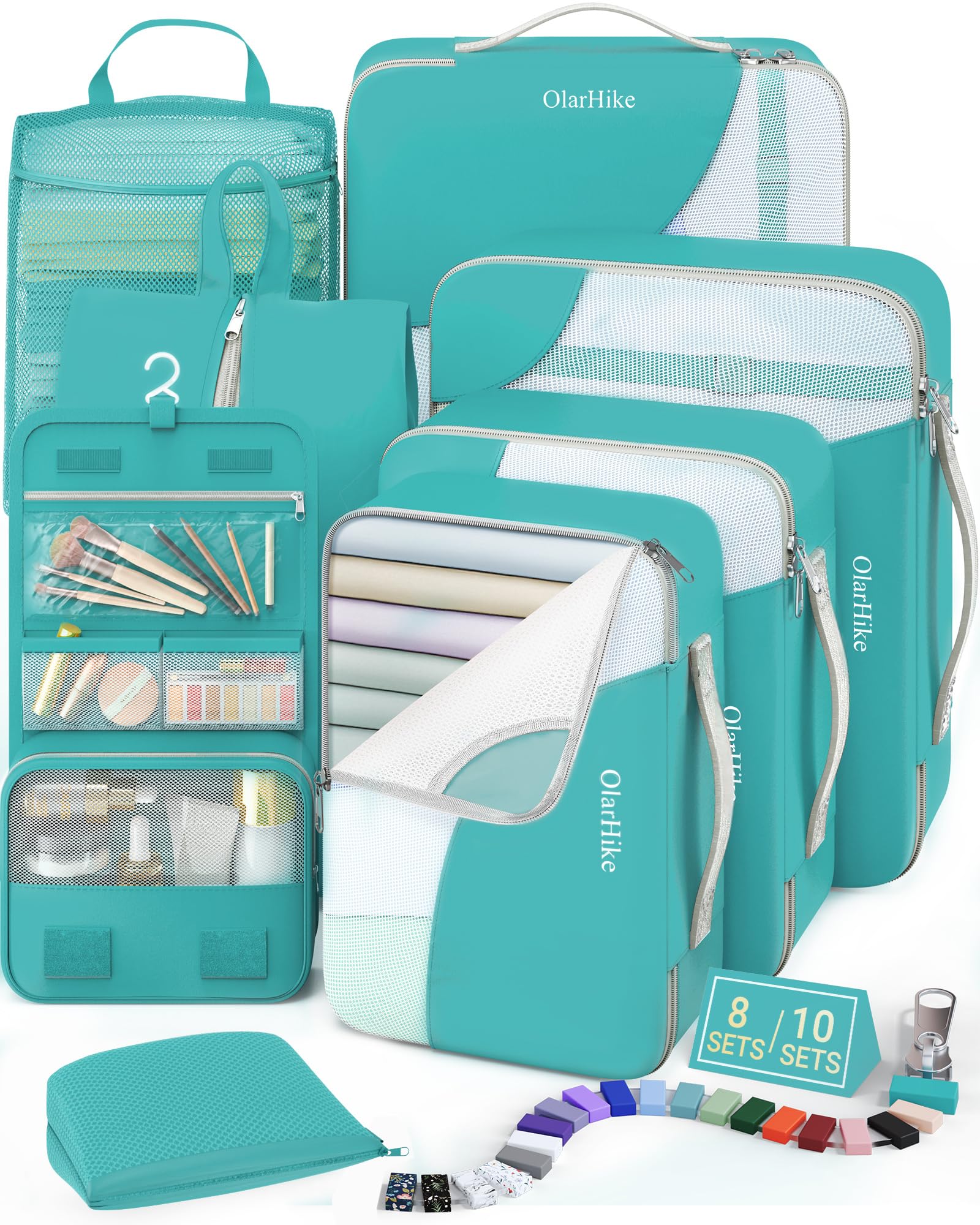 OlarHike Packing Cubes for Travel,Gifts for Women Mom,Anti-Tearing Suitcase Organizer for Luggage with Shoe &amp; Hanging Toiletry Bag,Vacation Essentials &amp; Accessories for Cruise Ship,8 Set,Turquoise