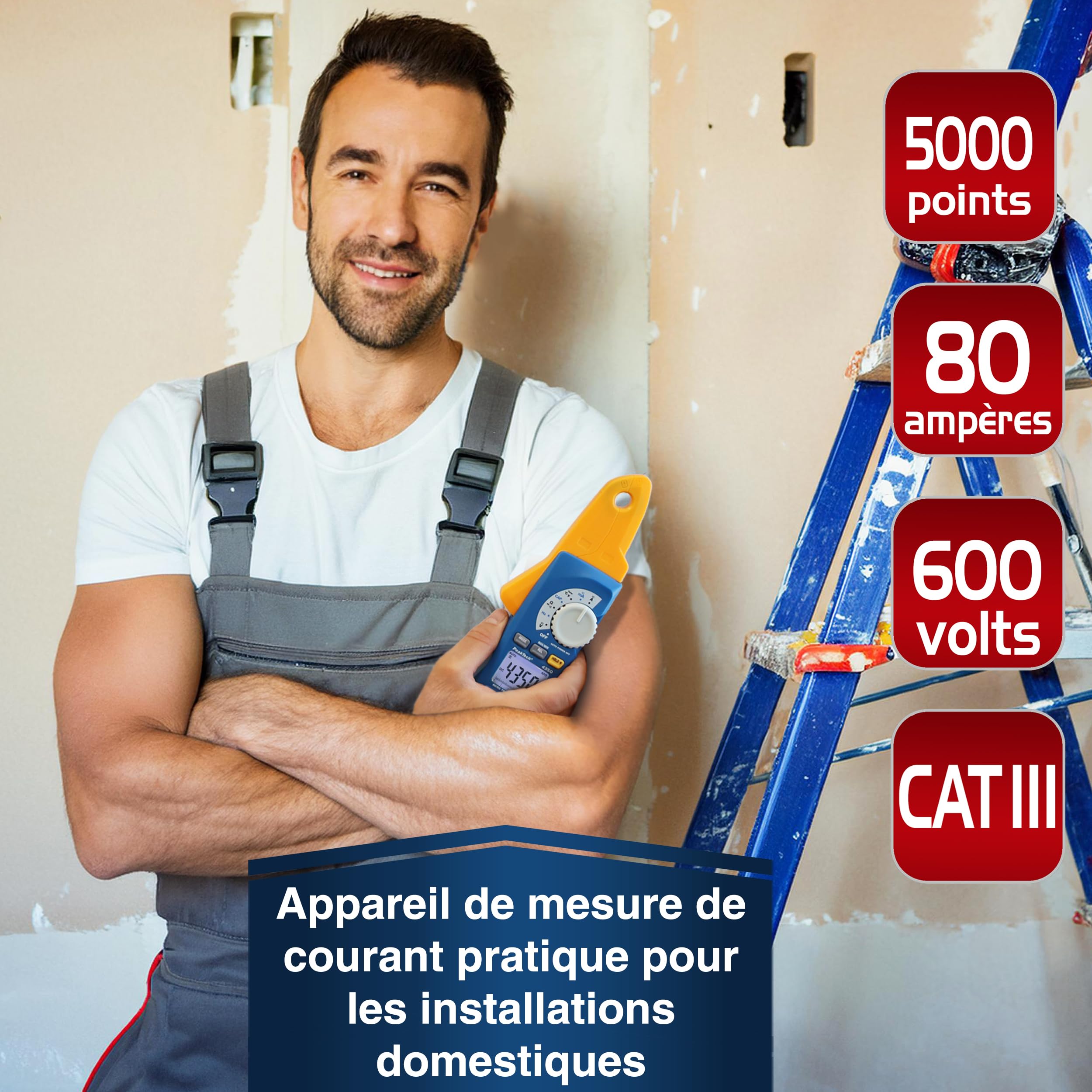 PeakTech 4350 - Pince Ampèremétrique True RMS 80A AC/DC, Multimètre Numérique, Pince de courant, Autorange, 4000 counts, Voltmètre Sans Contact, Ampèremètre, Testeur de Continuité - Max 600V