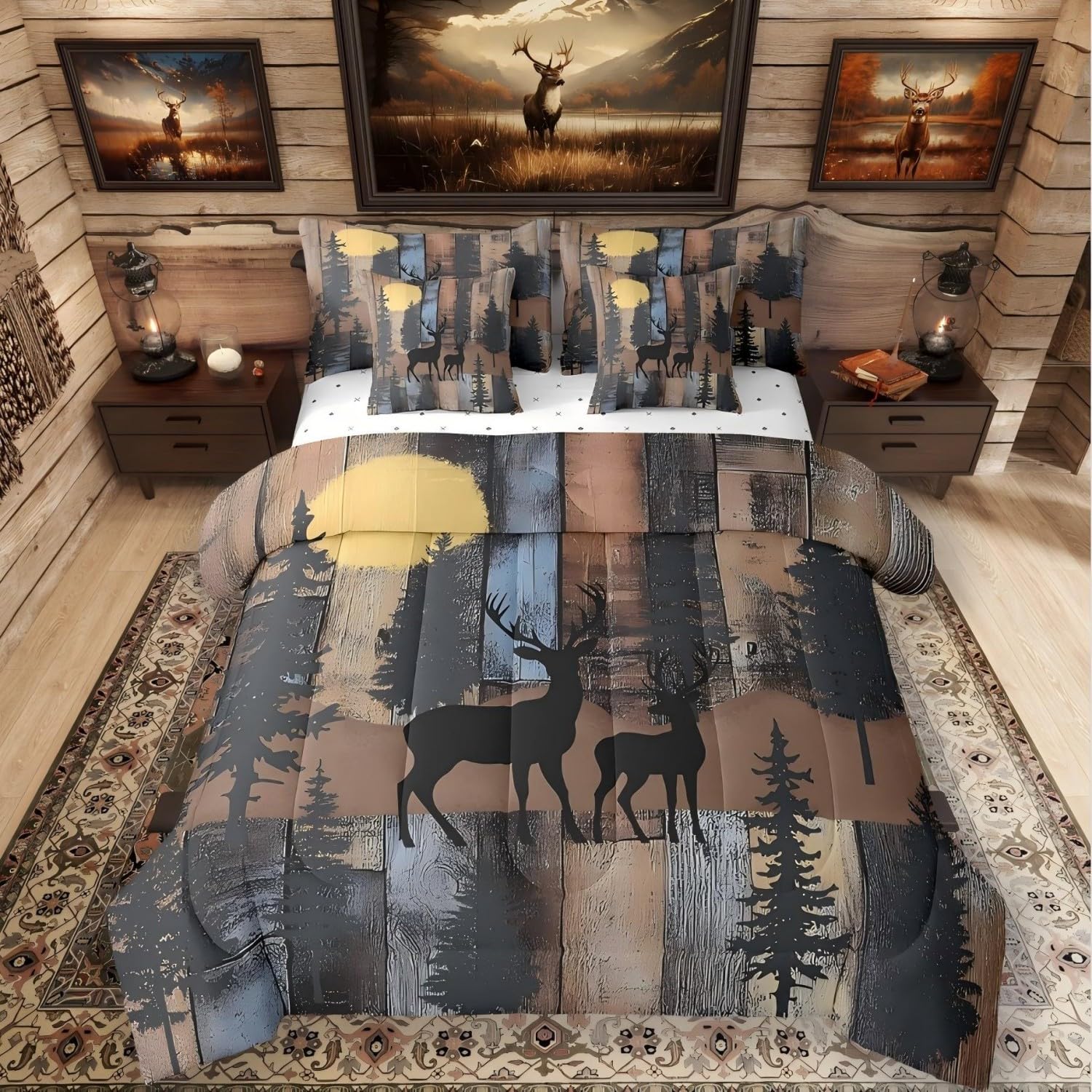Elk Deer 7 Piece Comforter Set Full Bed in a Bag, Farmhouse Decor Rustic Barn Door Bedding Sets Reindeer Pine Trees Comforter and Sheet Set, Country Woodland Animals Room Decor, Brown Blue