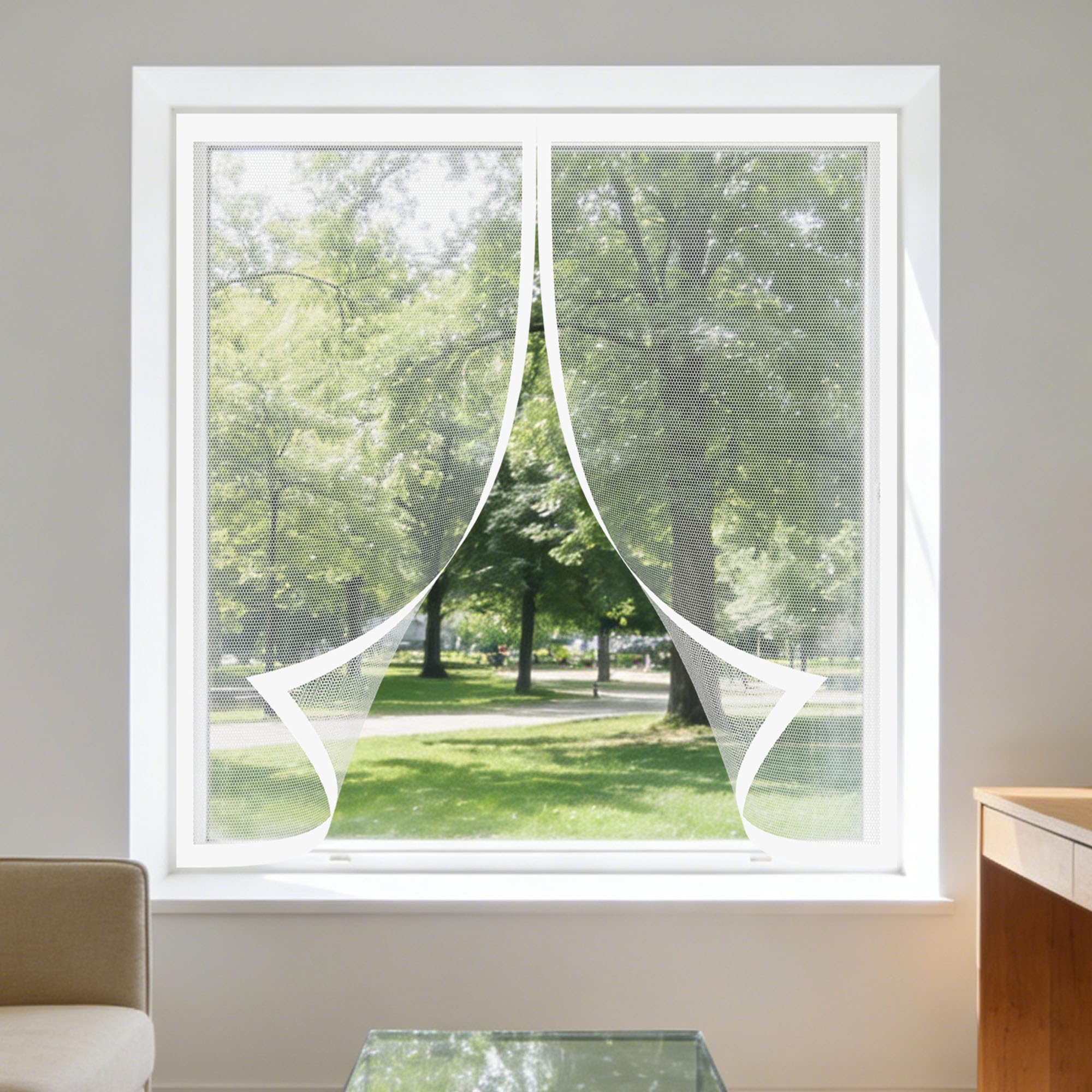 Magnetic Fly Screen Window 135 x 165 cm with Selfadhesive Reinforced Thickened Window Screen Custom Size for Living Room Bedroom Offfice, White