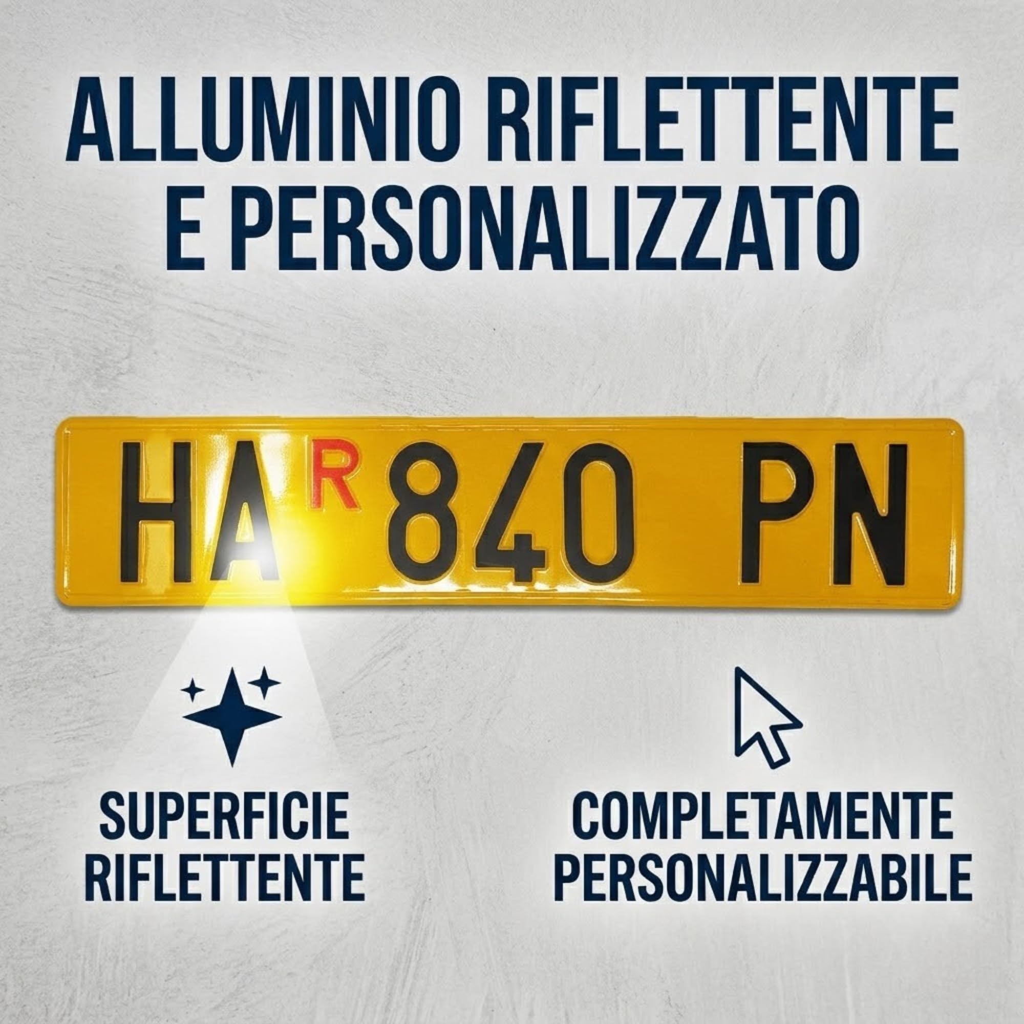 Targa Ripetitrice Battuta in Alluminio Catarifrangente, Made in Italy - Targa Personalizzabile Gialla con Caratteri in Rilievo Punzonati, Dimensioni Originali, Caratteri Omologati e R Rossa Inclusa