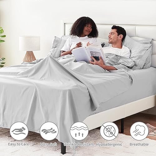 Miniatura 8 de KKN Juego de sábanas tamaño Queen, sábanas y fundas de almohada de 6 piezas, juego de cama de hotel de lujo para mujeres y hombres, bolsillos