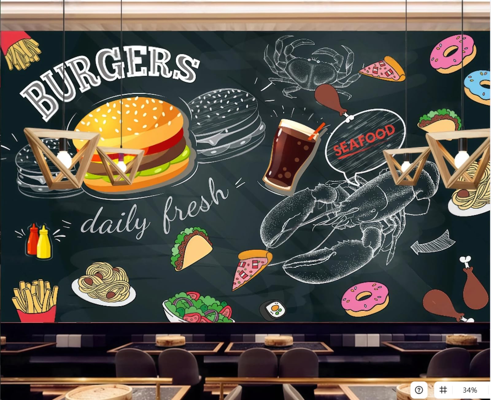 Rskjdghshd 3D Wallpaper Blackboard Cartoon Hand Drawn Burger Pizza Fast Food Restaurant Western Restaurant Living Room Background Wall Wallpaper Drink Coffee Shop Mural,,150X105cm
