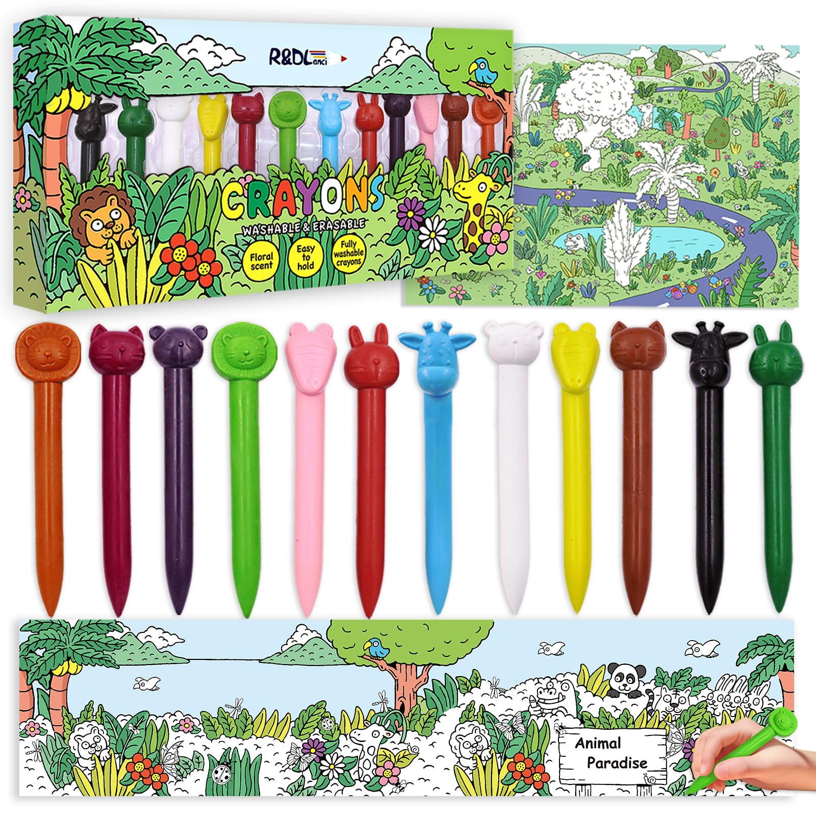 R&DLanci Cute Animal Shaped Crayons for Kids, 11-Piece Crayon Set with Eraser & Drawing Paper, Non-Toxic, Easy to Hold, Mess-Free, Safe for Toddlers, Ideal Art Supplies for Ages 3+
