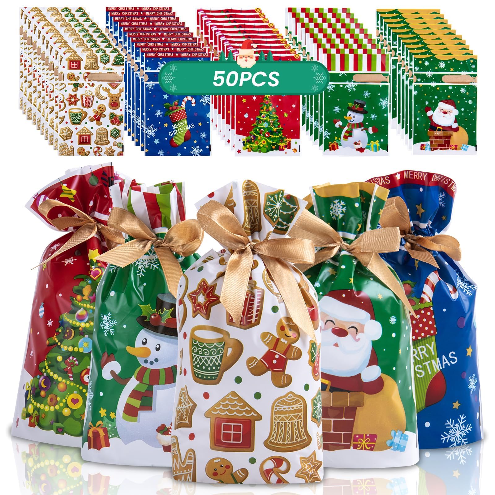 50 Pcs Christmas Drawstring Treat Bags - 9.5 Inches, 5 Holiday Designs, PE Material