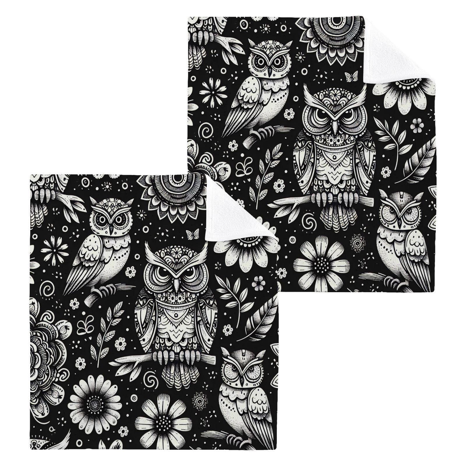 YANENDIE Black White Owls Washcloths Towels, Highly Absorbent and Soft Cotton Face Cloths, 2 Pack Quick Dry Wash Cloths - 12 X 12 Inches