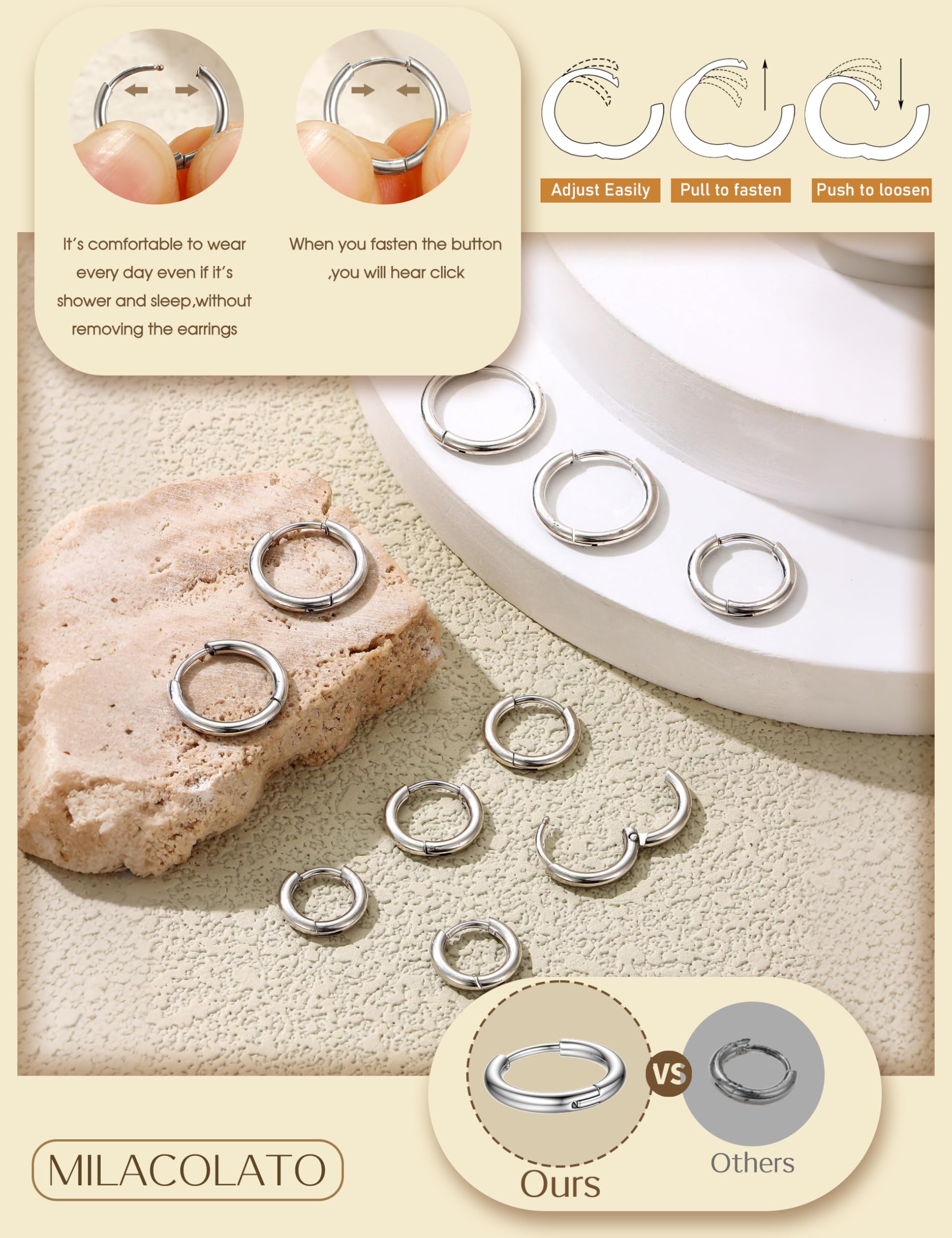 MILACOLATO Pendientes Aro Pequeños Acero Quirúrgico Huggie Cartílago Lóbulos Anillo Nariz Labio Daith Helix Piercing Joyas Hinged 6-10mm