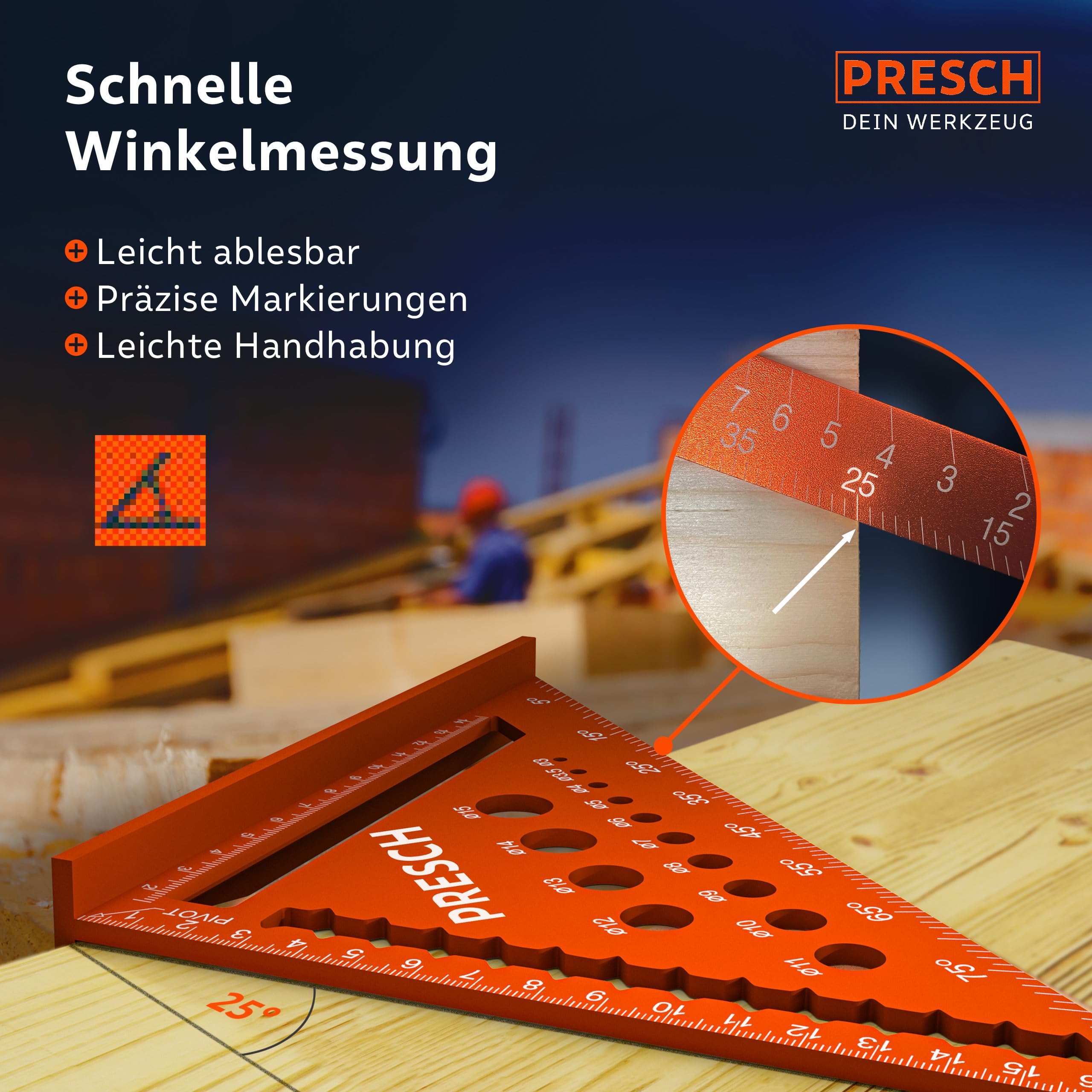Presch Zimmermannswinkel Set - 180mm & 300mm - Innovative, abwischbare Notizfläche - Intelligente Bohrlehre für exakte Durchmesser - Hochpräzise gefrästes Aluminium für exakte 90° Winkel