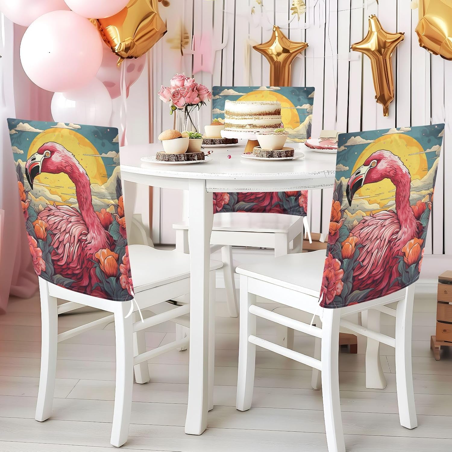 ALAZA Flamingo Flowers Chair Back Cover Set of 6, Washable Reusable Removable Chair Slipcovers Decorative Chair Cover for Home Kitchen Wedding Party