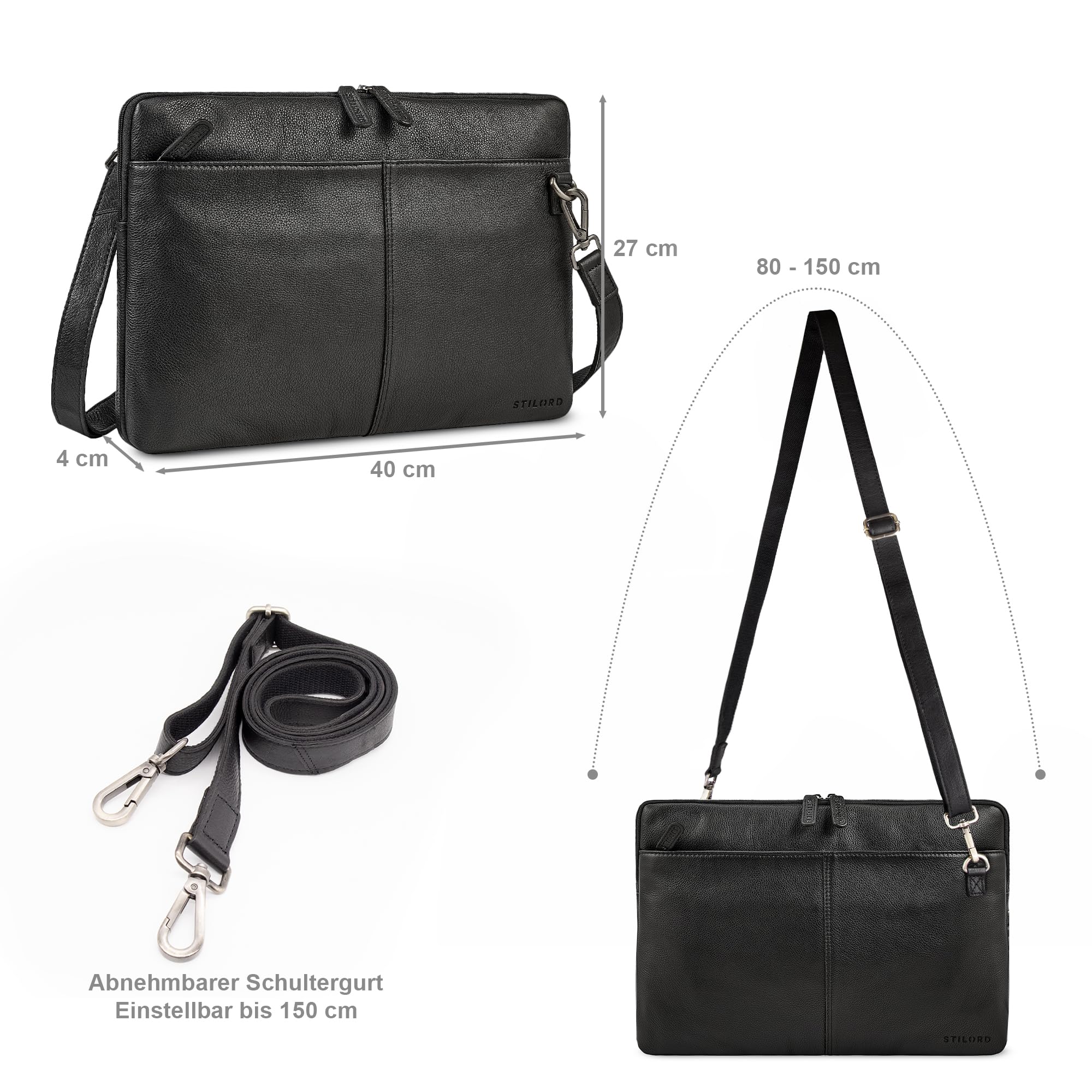 STILORD "Graham Vintage Laptoptasche Leder Schwarz 15.6 Zoll Aktentasche Herren Damen Notebooktasche Echtleder Laptop Sleeve Schmale Umhängetasche mit Schultergurt