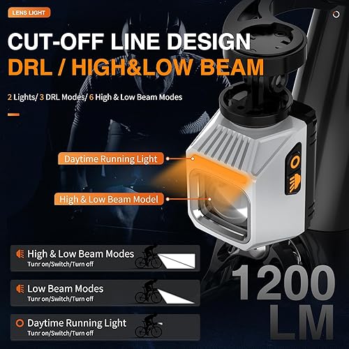 Miniatura 2 de Luz de bicicleta, faro delantero montado debajo para conducción nocturna, haz de línea de corte de 1200 lm, luz delantera recargable, 9 modos, IPX6