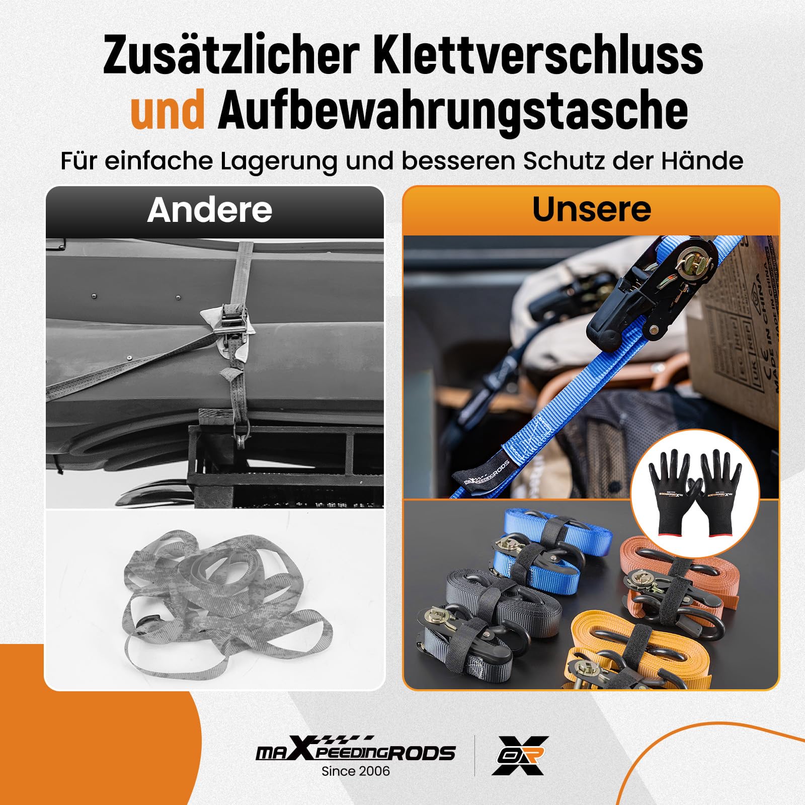 maXpeedingrods Spanngurte Ratschen Zurrgurte Set 4-teilig 2362kg | mit Soft Loops & S-Haken, 2.4m x 4cm inkl. Tasche& Handschuhe – für Motorrad, ATV, Auto, LKW, Transport - Blau
