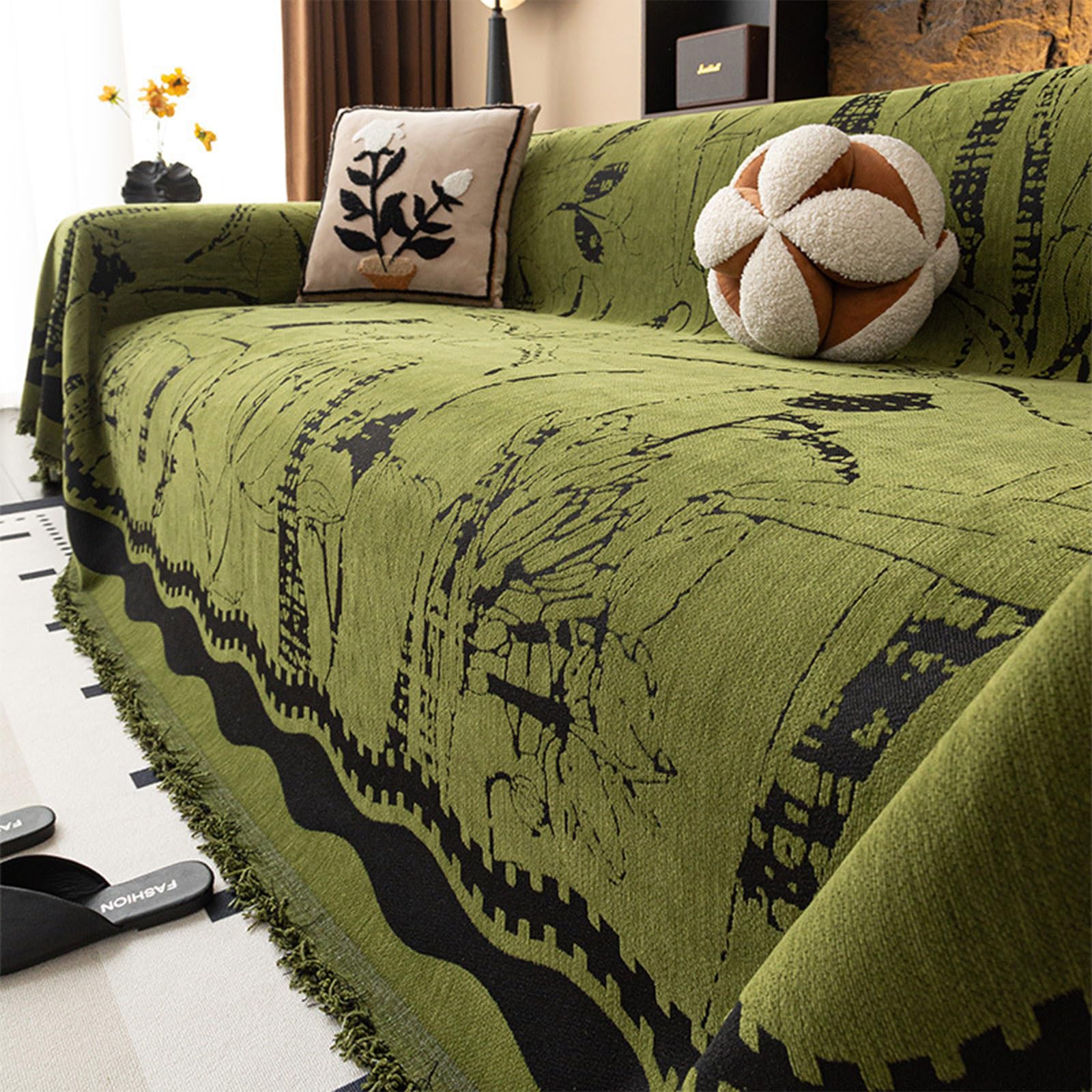 Housse de canapé jacquard chenille vert 180x230 plaid lit réversible