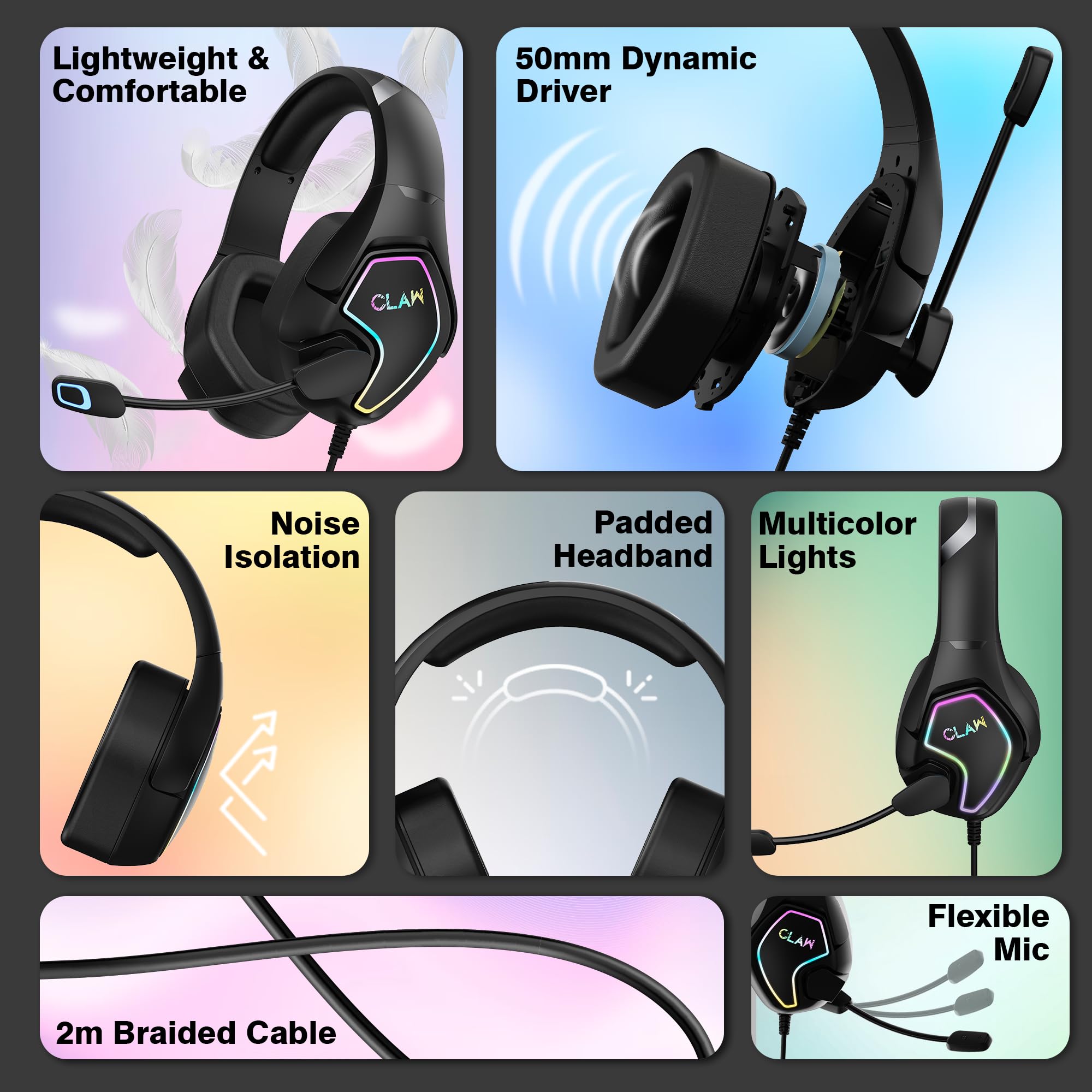 CLAW GH40 Casque de jeu filaire RVB avec pilotes de 50 mm, microphone à isolation sonore, prise audio 3,5 mm, câble tressé de 2 m, compatible avec PC, PS4, PS5, Xbox, ordinateurs portables et