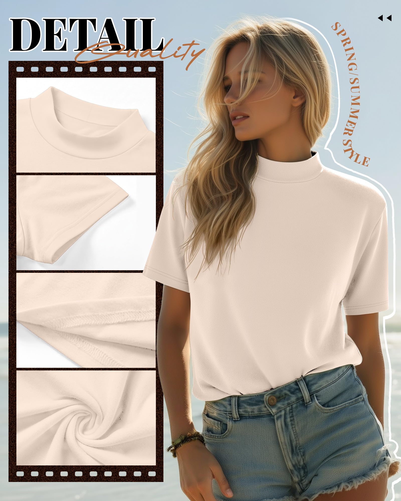 Ficerd Lot de 3 T-Shirts à Col Montant pour Femme, Manches Courtes, Coupe Ajustée, Style Décontracté, Idéal pour l'Été