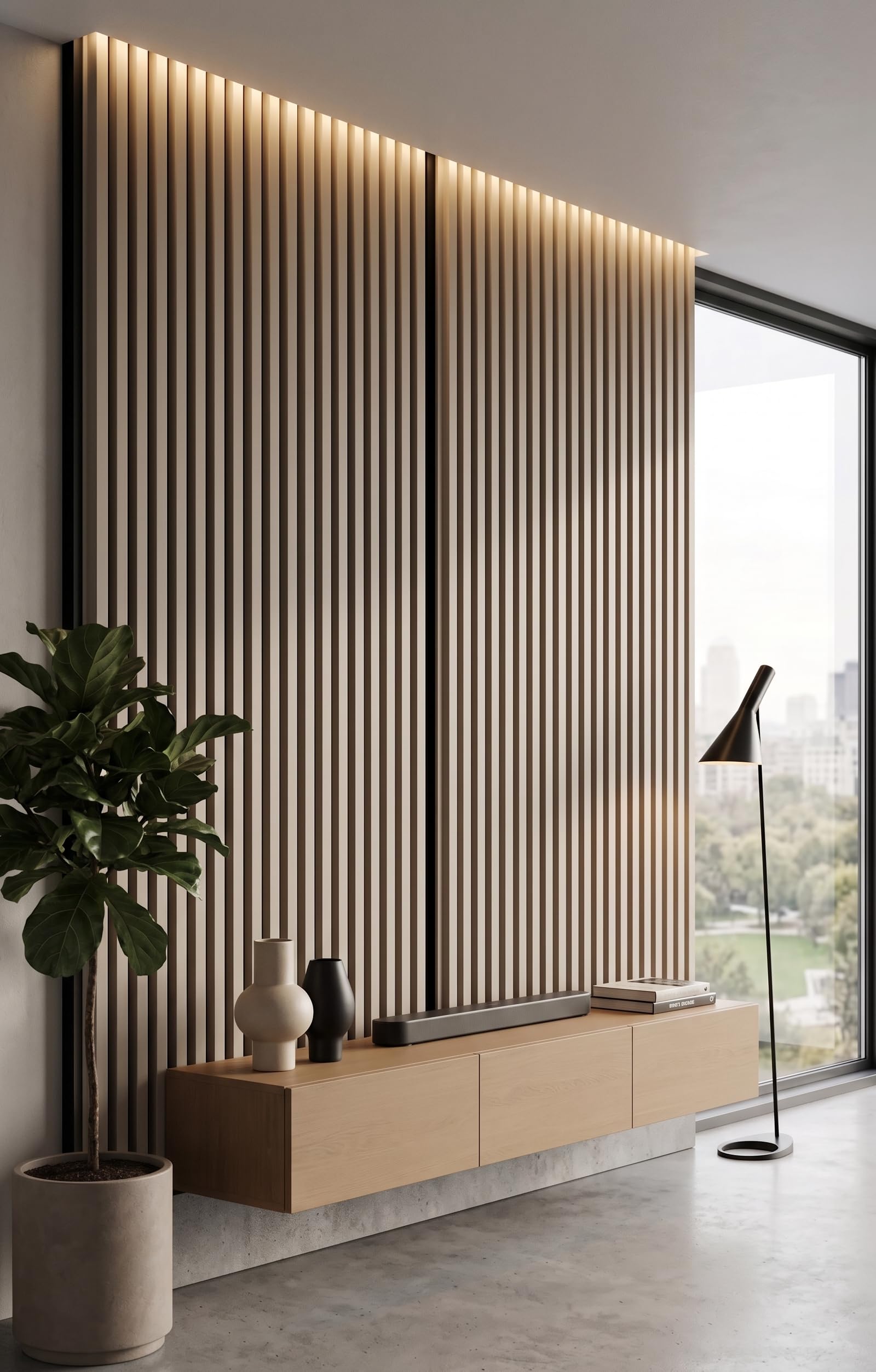 MEBANO Panneaux Acoustiques MDF 2x (26,5x240 cm) Gris Sable sur Plaque Noire – Lamelles Bois Murales Décoratives