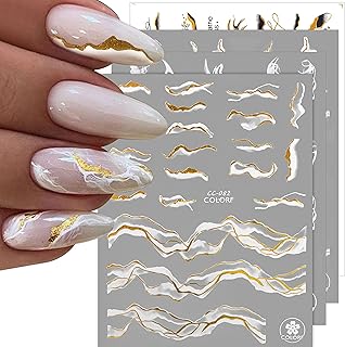 12 Sheets Nail Art Stickers Decals,TOROKOM Self-Adhesive White Black Gold Stripe Line Nail Decals Marble Wave Nail Sticker Supplies for 3D Nail Design Nail Accessories for Women French Nail Decoration