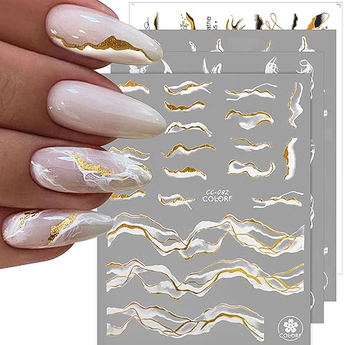 12 Sheets Nail Art Stickers Decals,TOROKOM Self-Adhesive White Black Gold